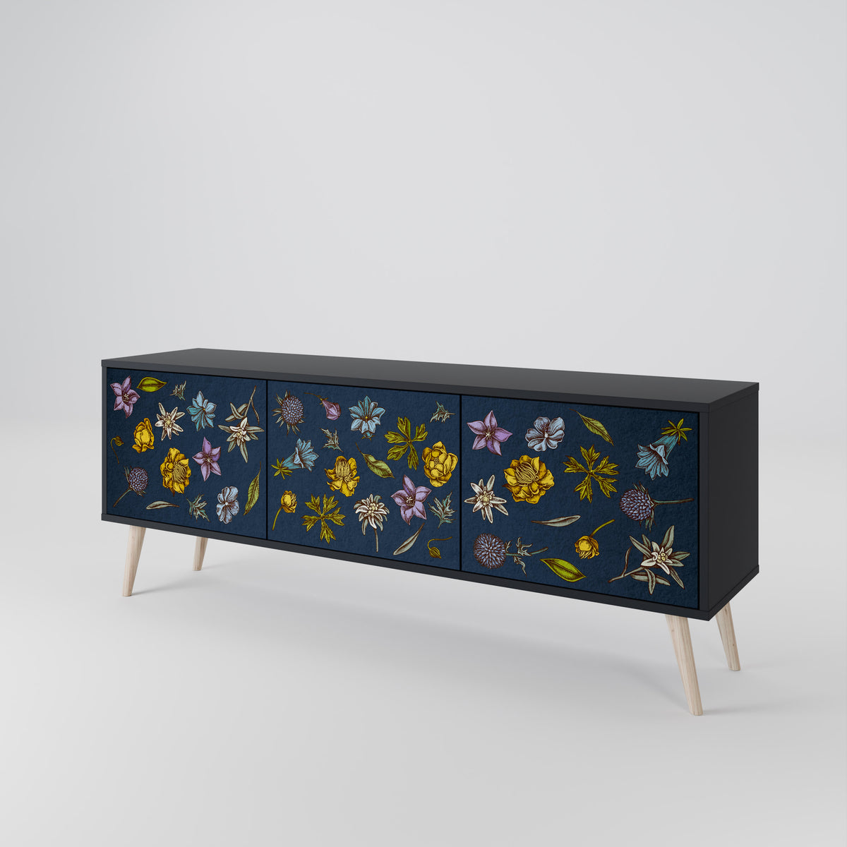 FLOWERS ON NAVY BLUE 3-türiges TV-Lowboard