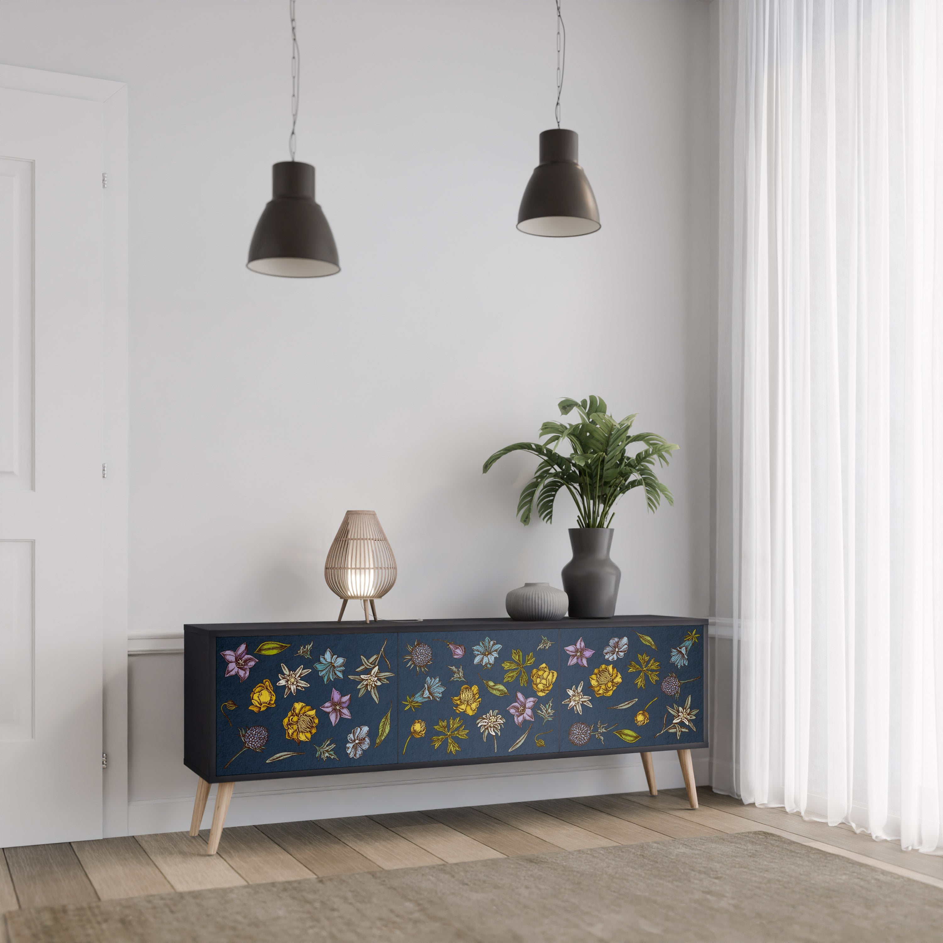 FLOWERS ON NAVY BLUE 3-türiger TV-Ständer in schwarzer Ausführung