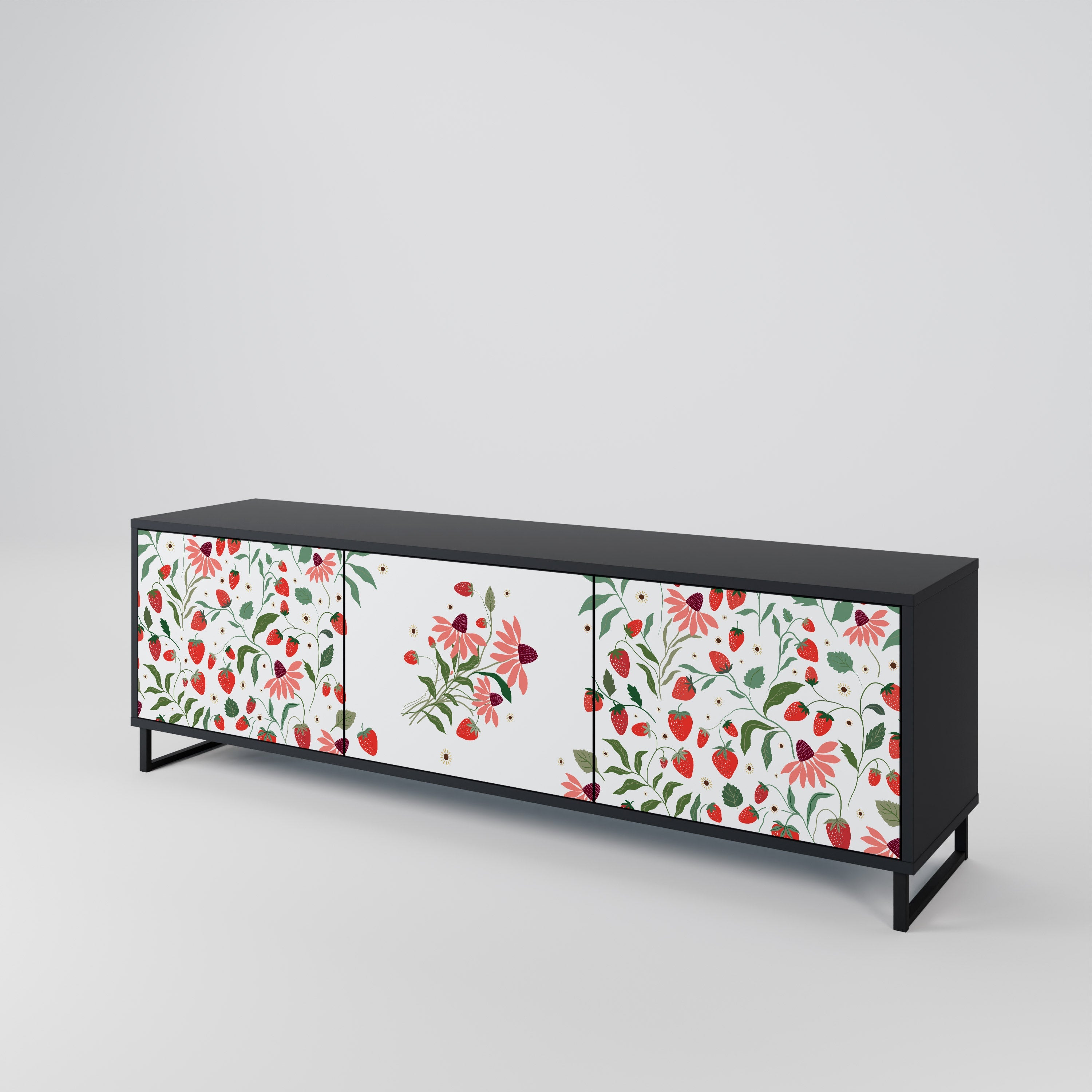 FLOWERS AND STRAWBERRIES 3-türiger TV-Ständer in Schwarz