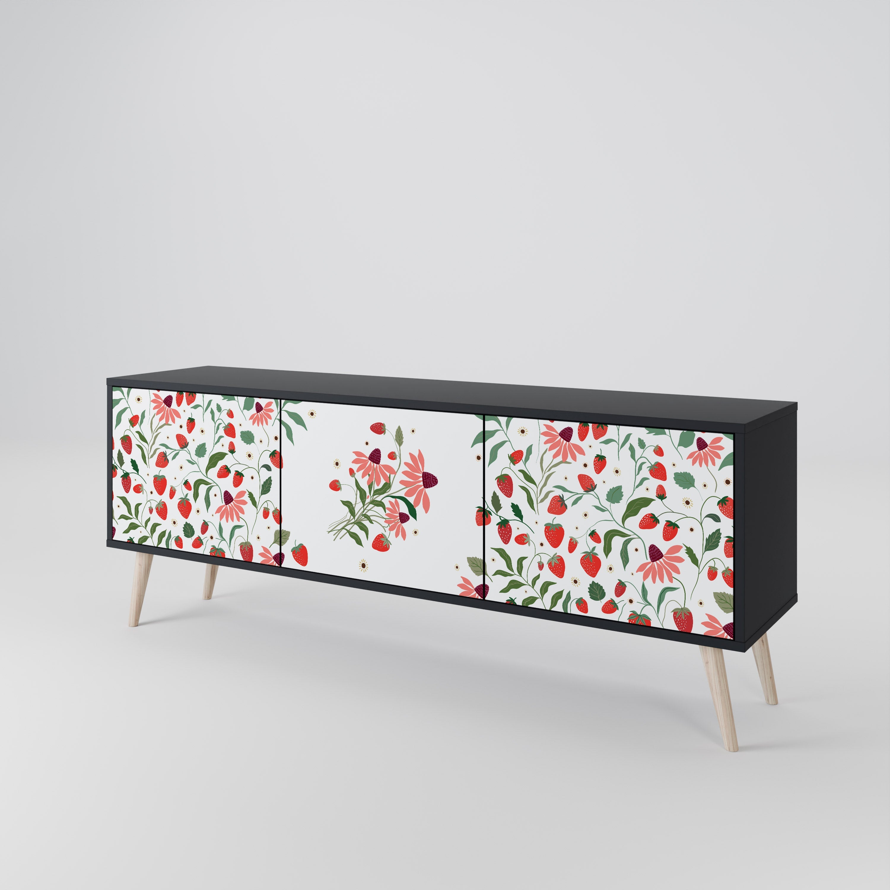 FLOWERS AND STRAWBERRIES 3-türiger TV-Ständer in Schwarz