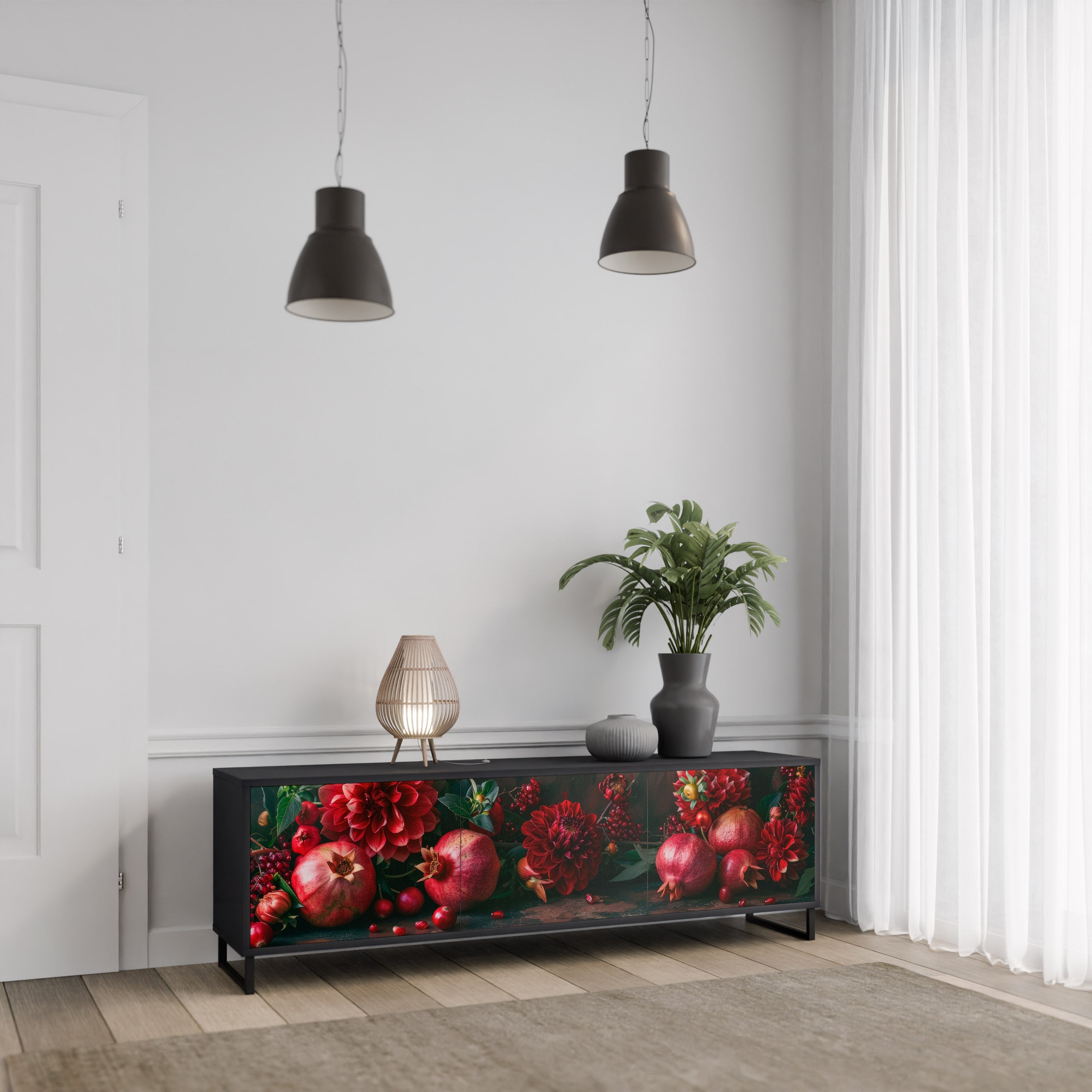 DAHLIAS AND POMEGRANATES 3-türiger TV-Ständer in Schwarz