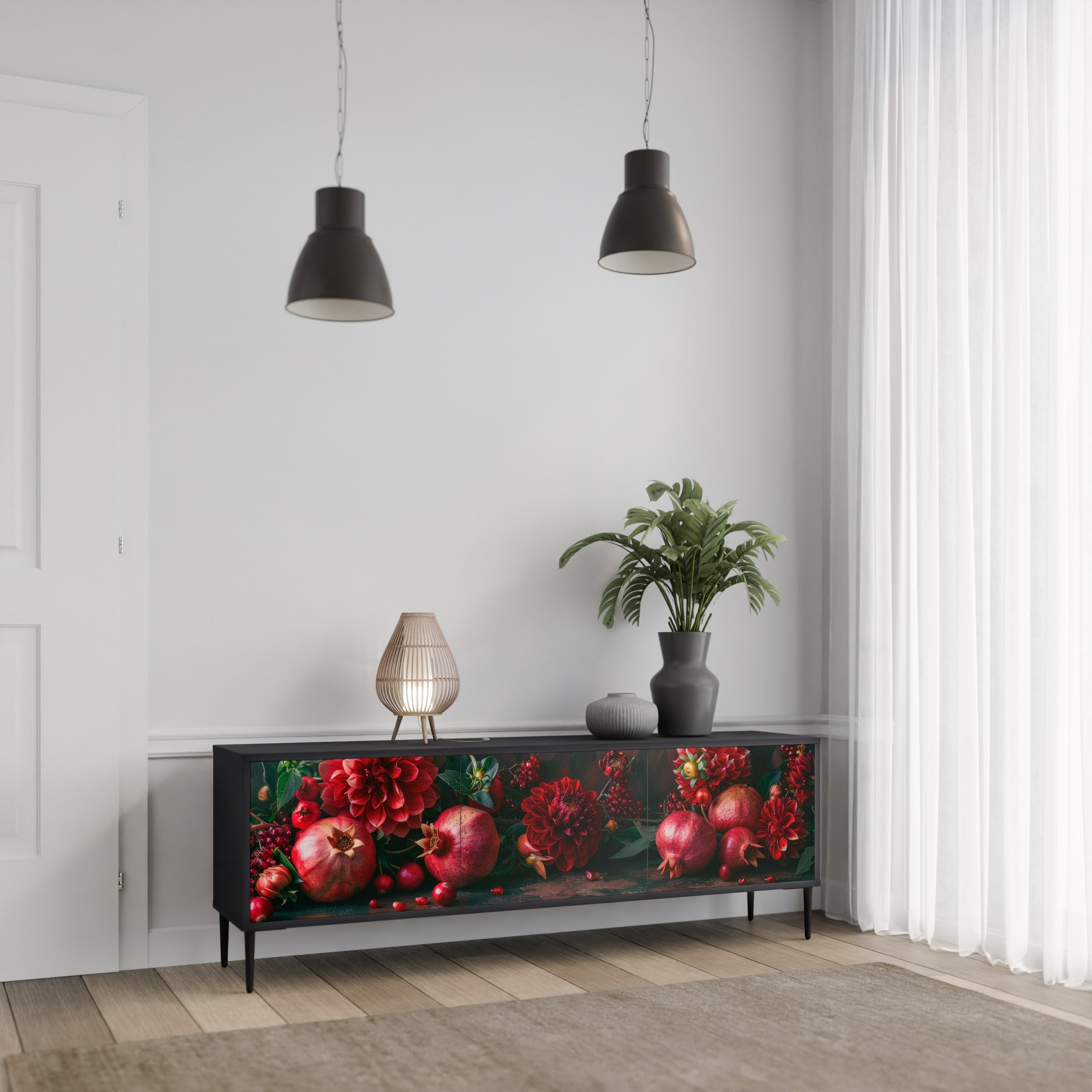 DAHLIAS AND POMEGRANATES 3-türiger TV-Ständer in Schwarz
