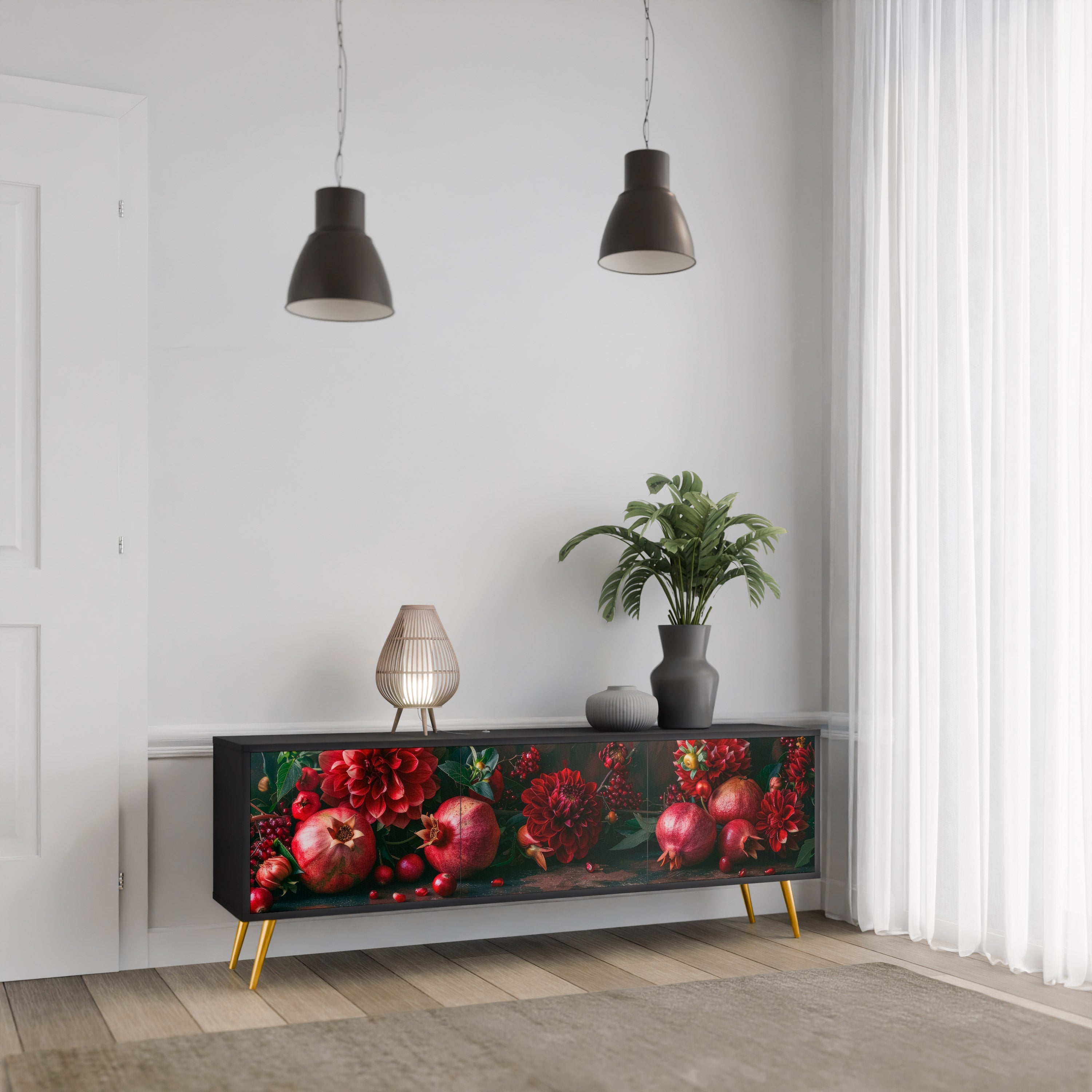 DAHLIAS AND POMEGRANATES 3-türiger TV-Ständer in Schwarz