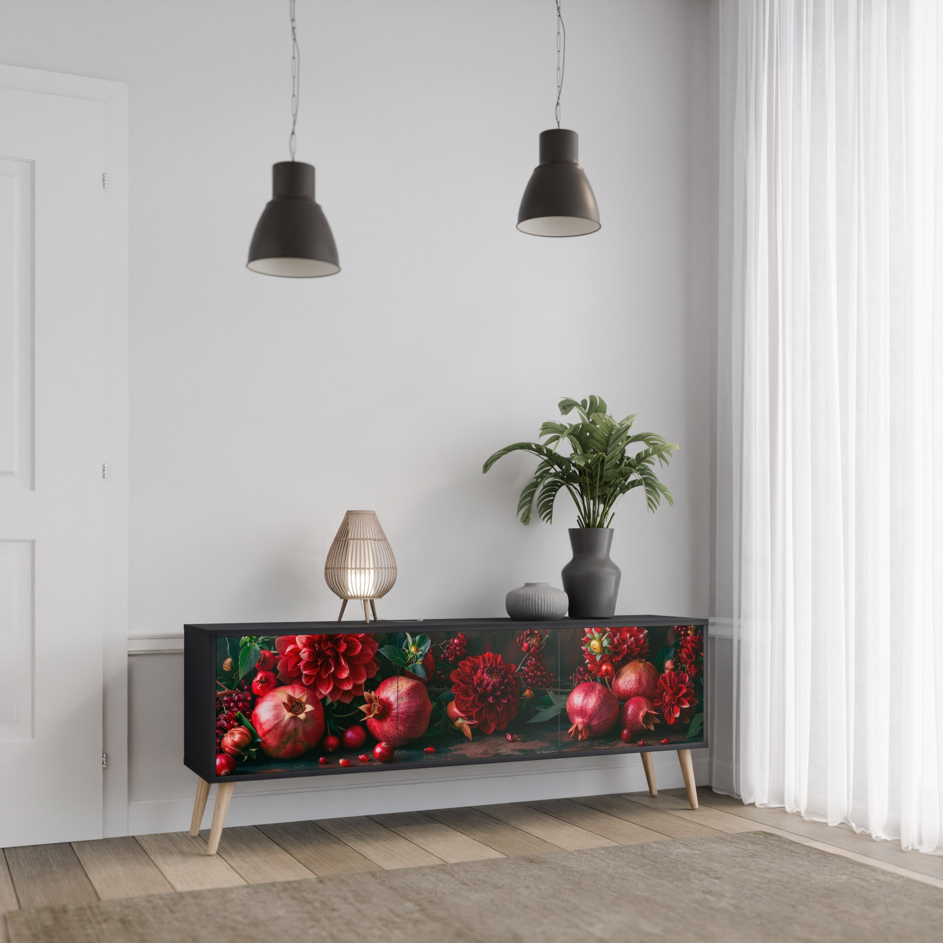 DAHLIAS AND POMEGRANATES 3-türiger TV-Ständer in Schwarz
