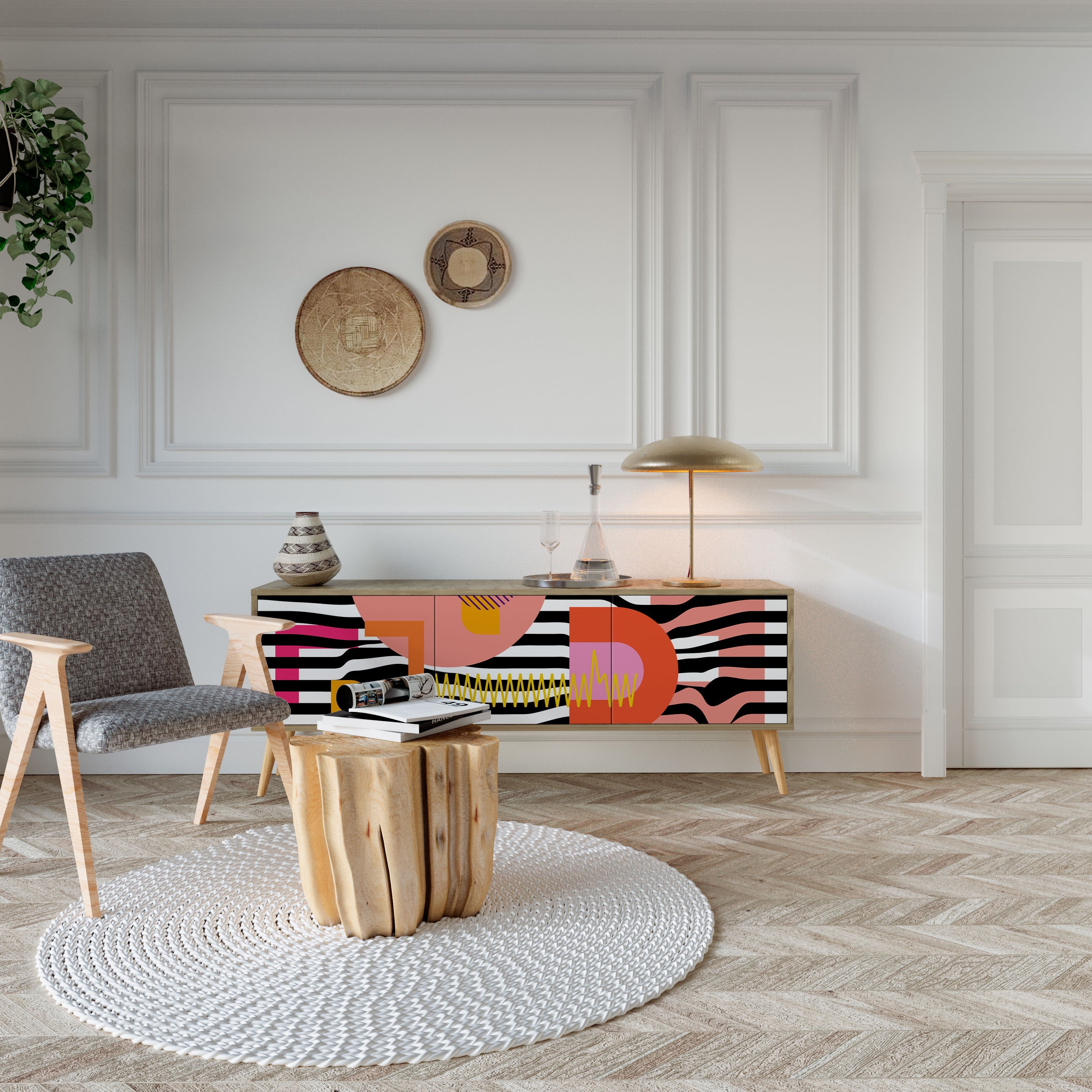 CHROMATIC ABSTRACT 3-Door TV Stand in Oak Effect