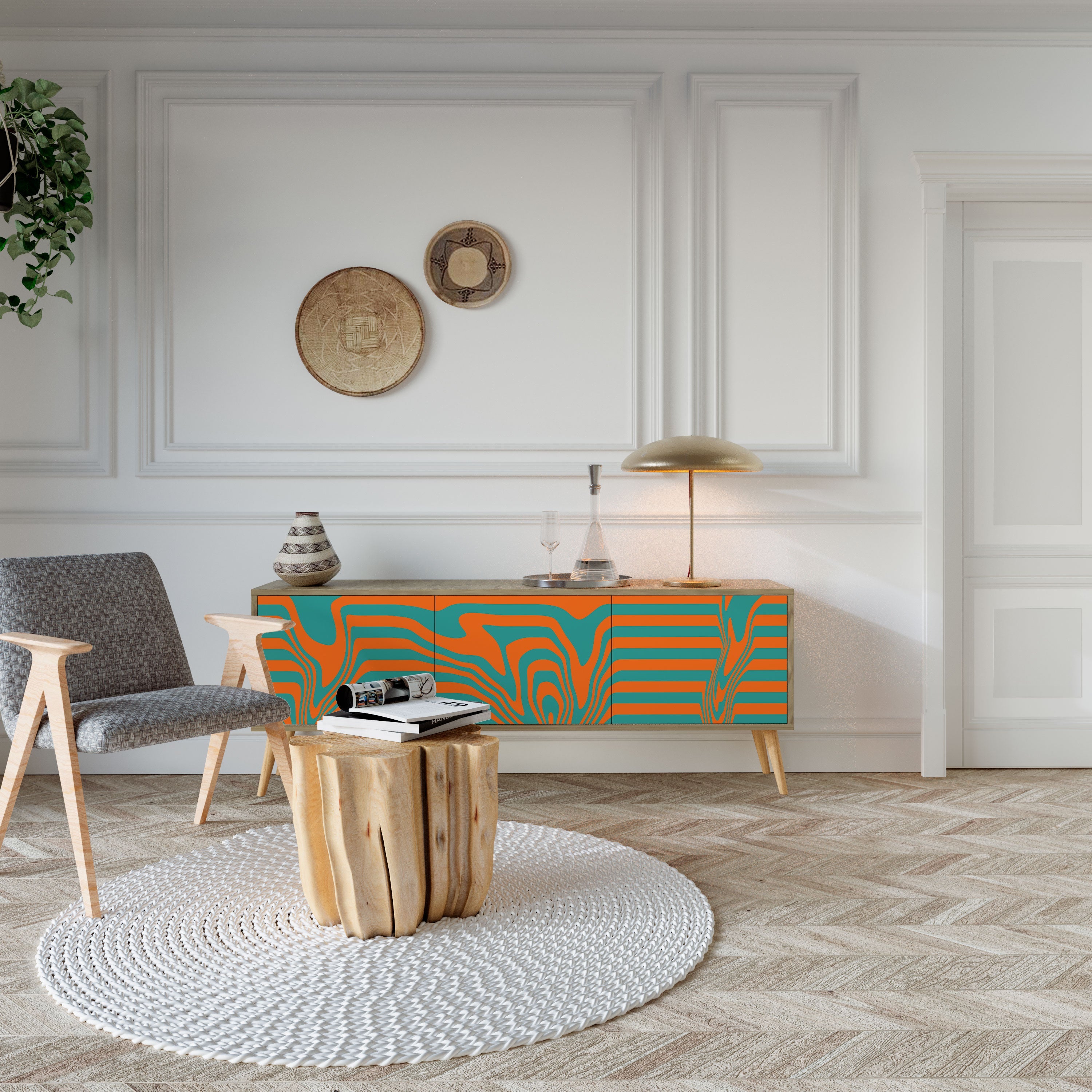 LINE COLLAPSE 3-Door TV Stand in Oak Effect