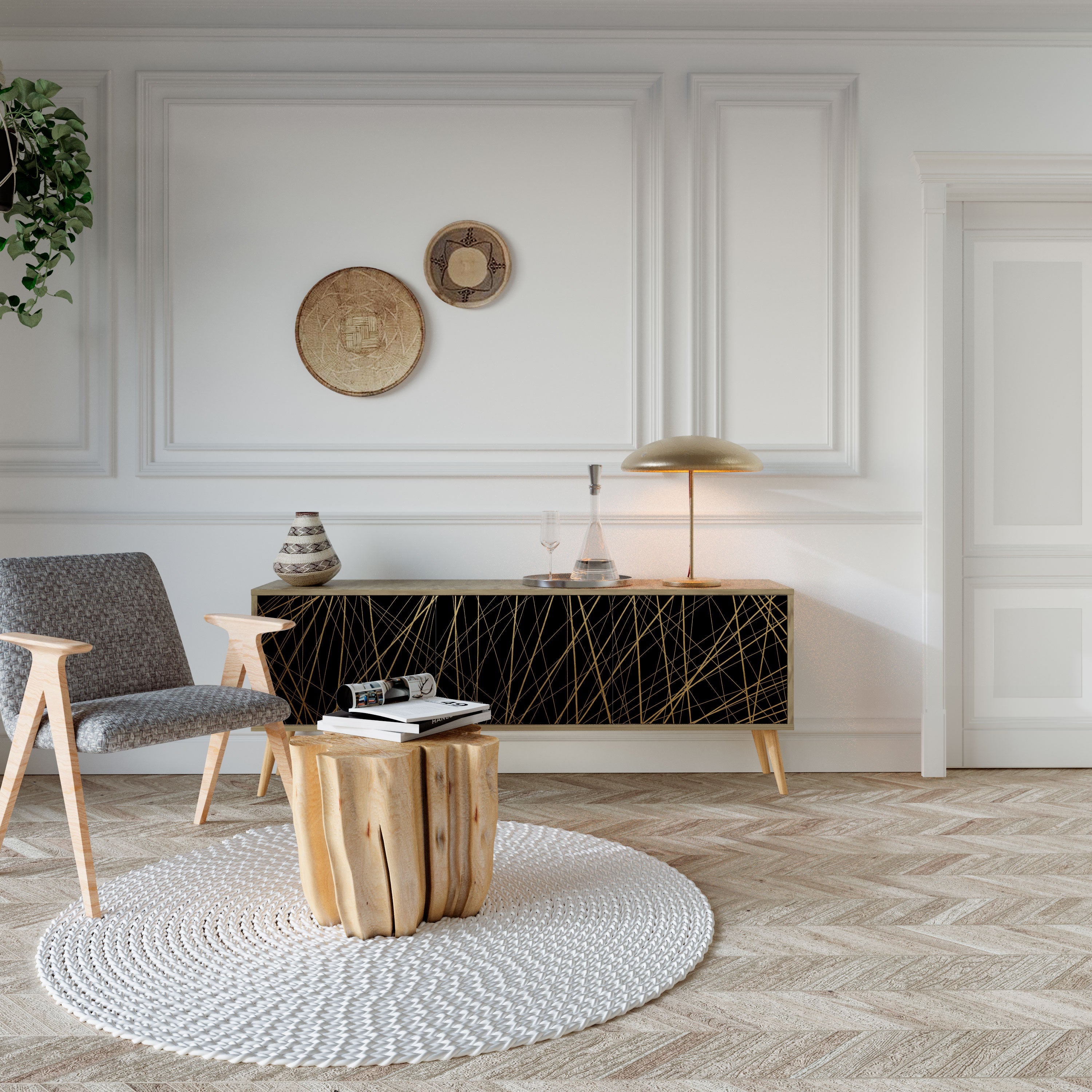 BRIGHT MESH 3-Door TV Stand in Oak Effect