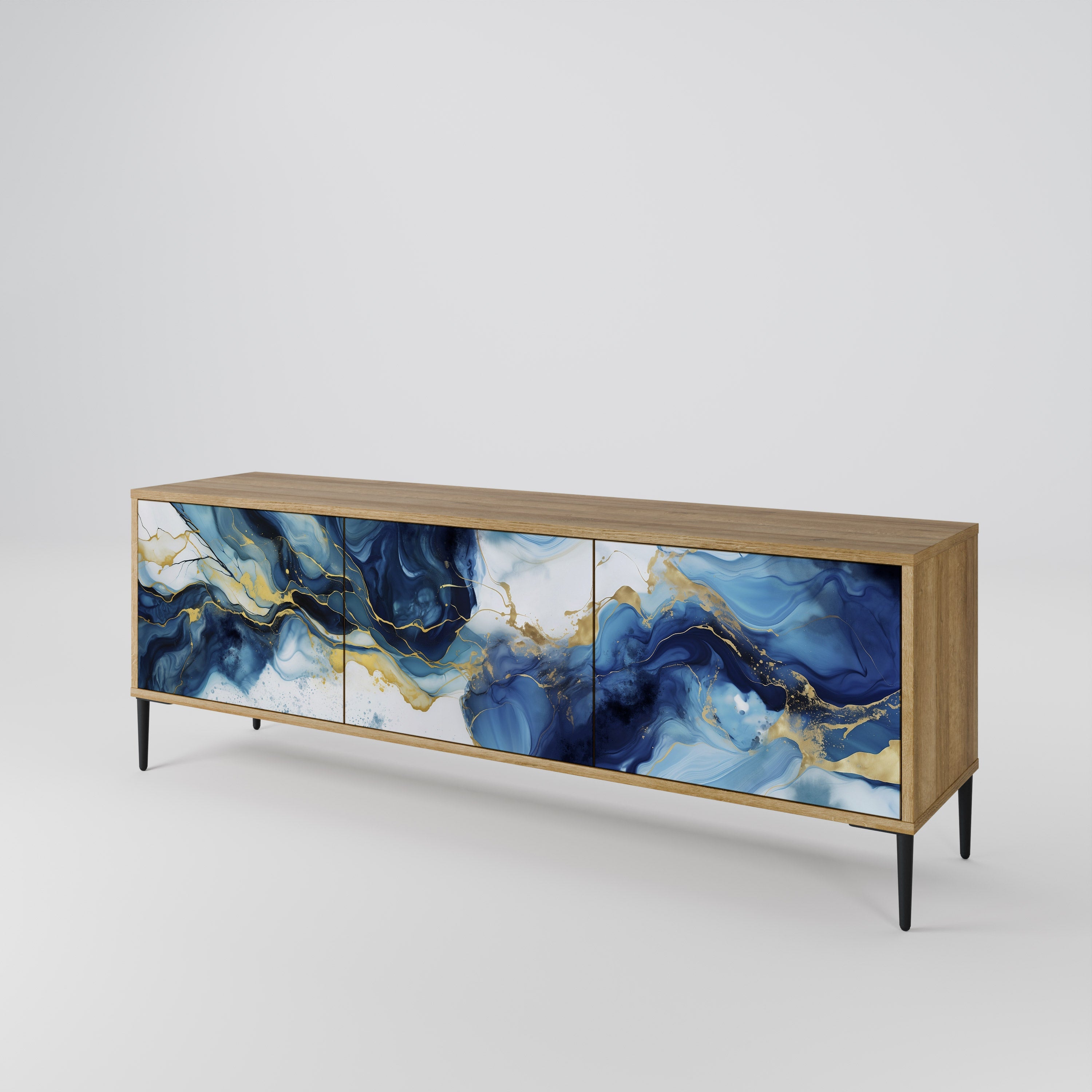 INKY MARBLE 3-Door TV Stand in Oak Effect