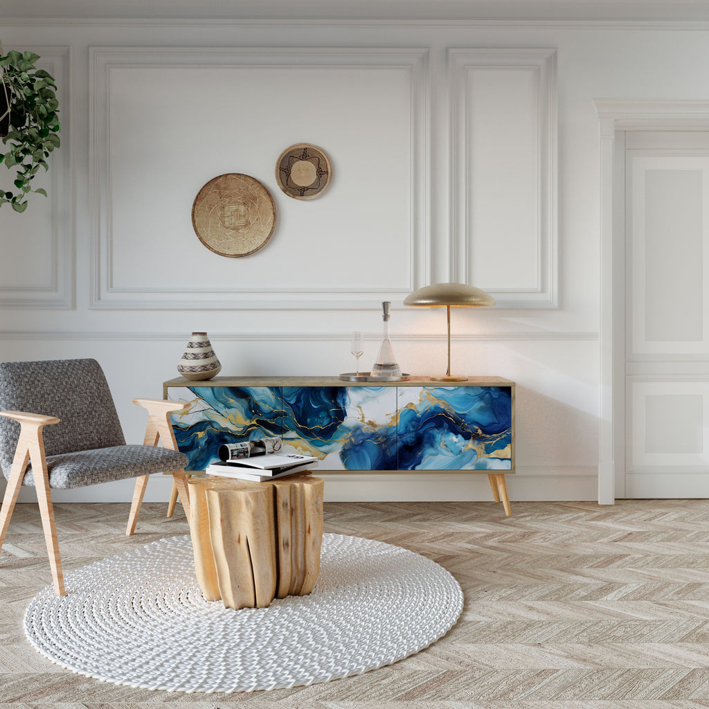 INKY MARBLE 3-Door TV Stand in Oak Effect