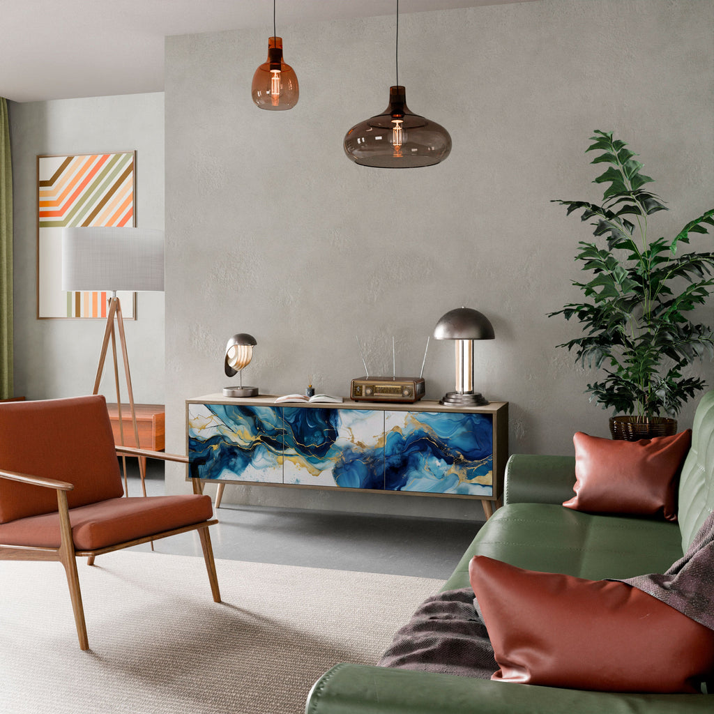 INKY MARBLE 3-Door TV Stand in Oak Effect