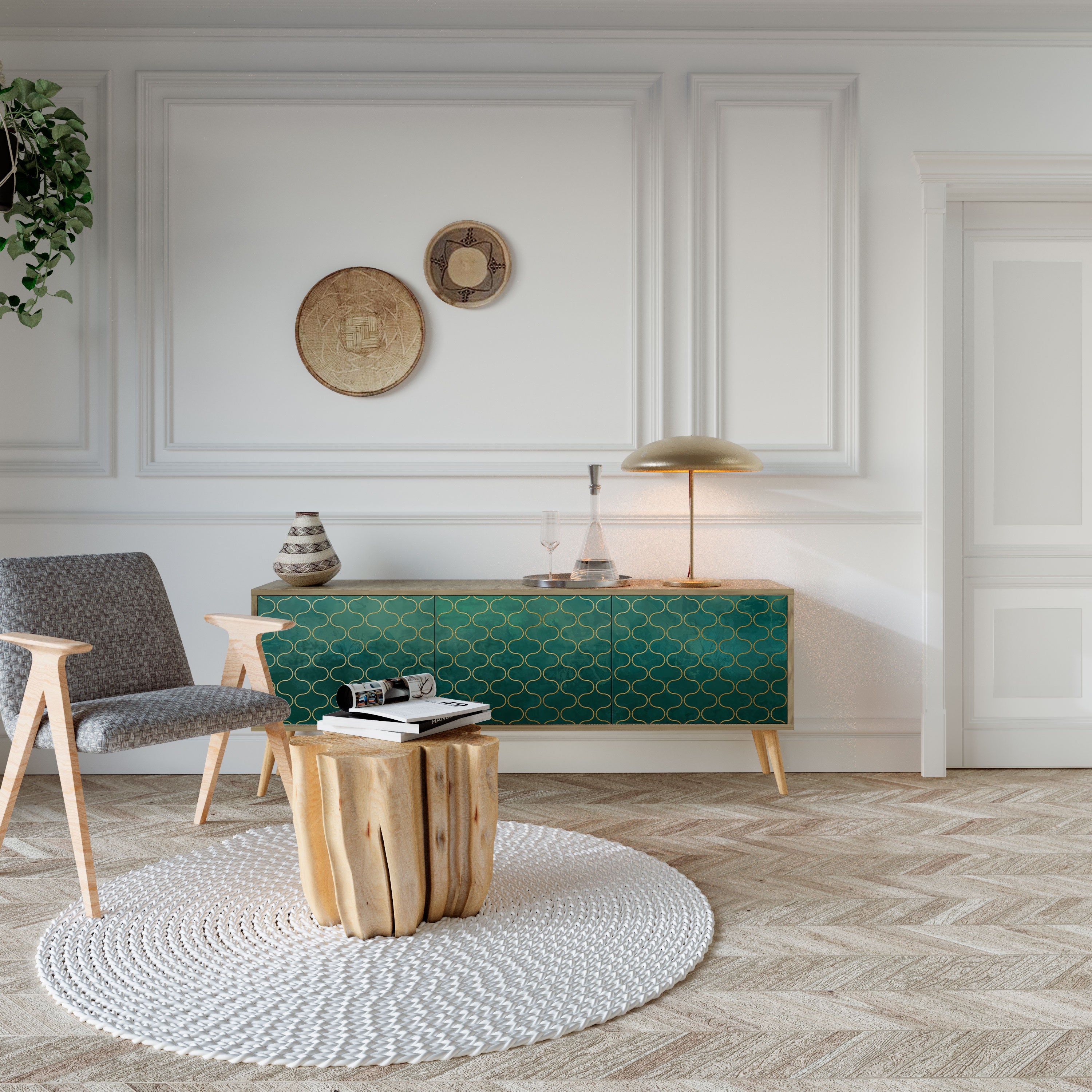 TESSELATED GREENERY 3-Door TV Stand in Oak Effect