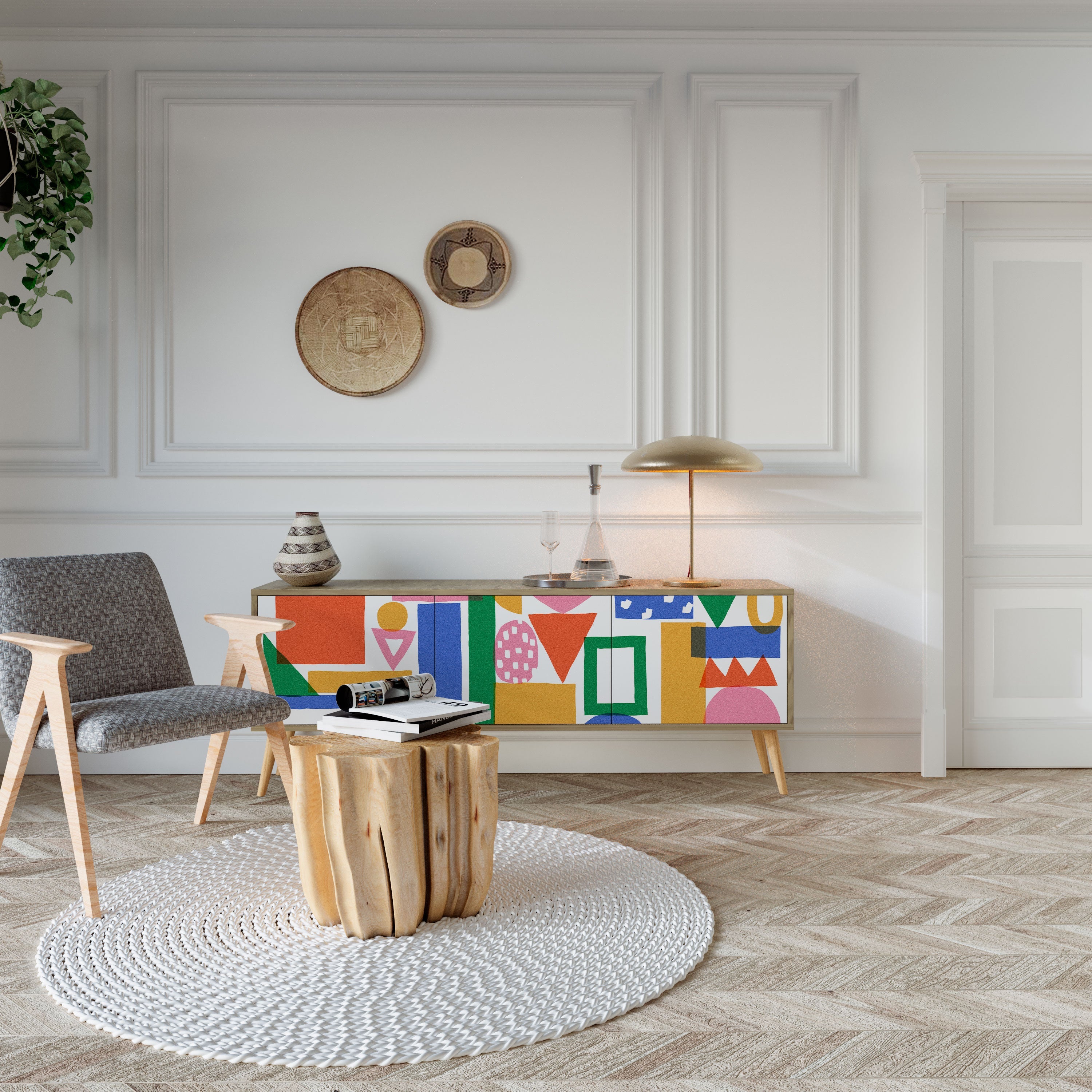 GEOMETRIC GLIMMER 3-Door TV Stand in Oak Effect