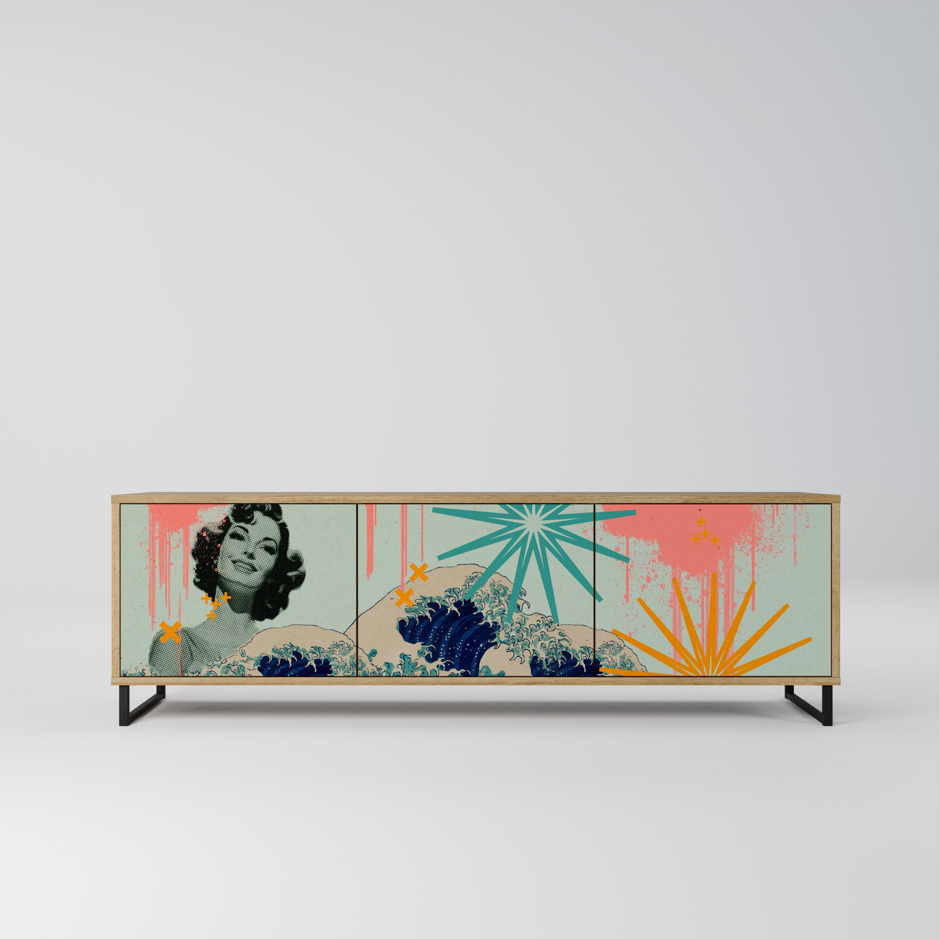 KANAGAWA BEAUTY 3-Door TV Stand in Oak Effect