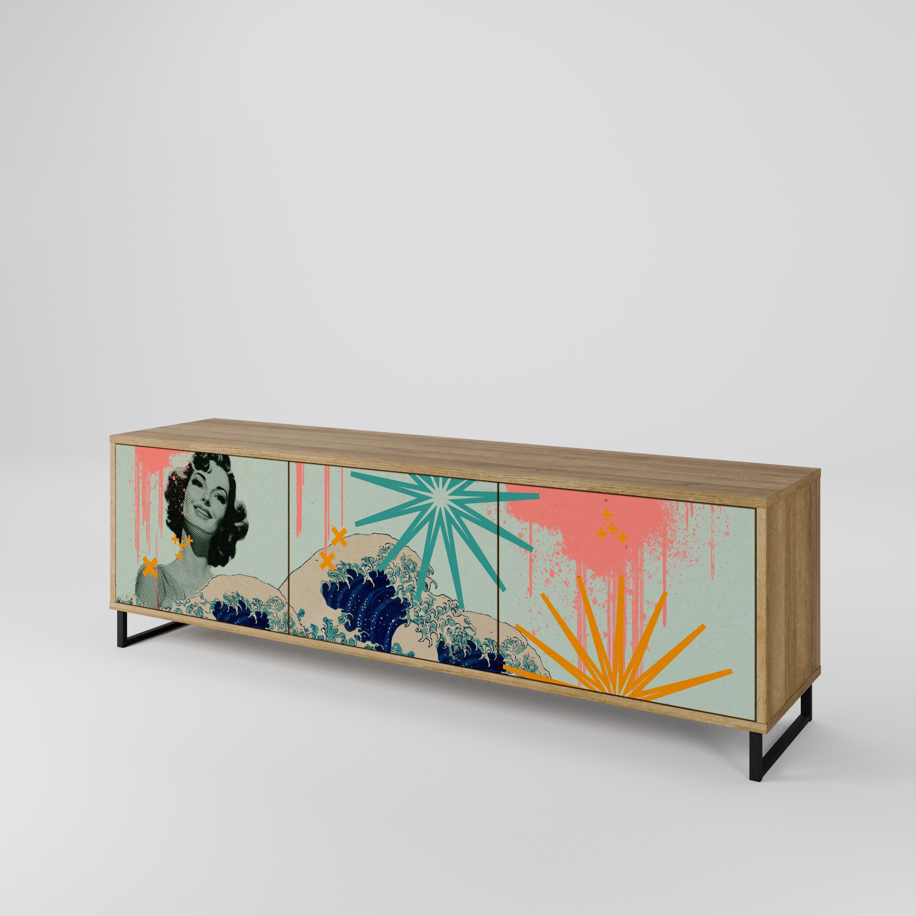 KANAGAWA BEAUTY 3-Door TV Stand in Oak Effect