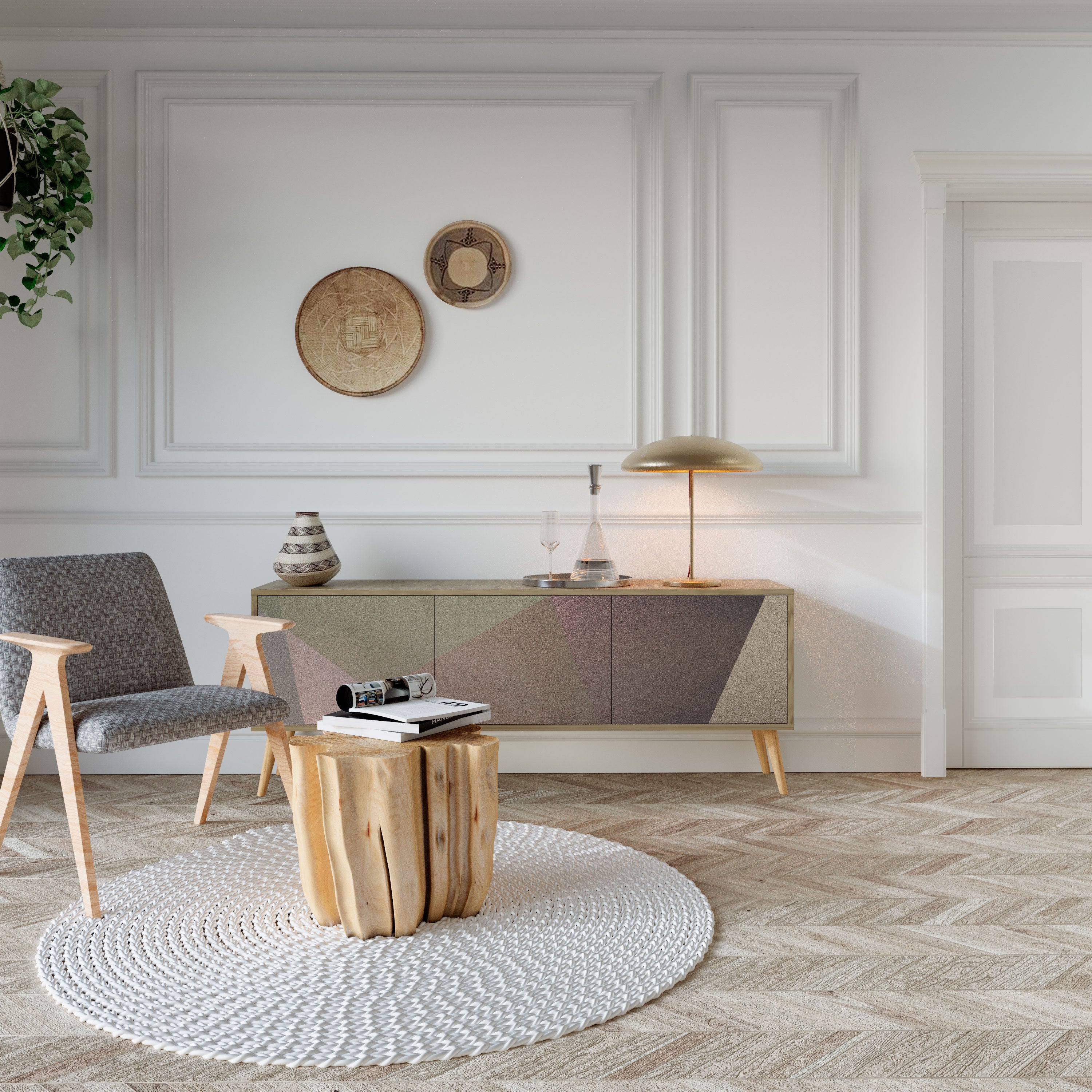 BEIGE GEOMETRY TV-Lowboard mit 3 Türen in Eiche-Optik