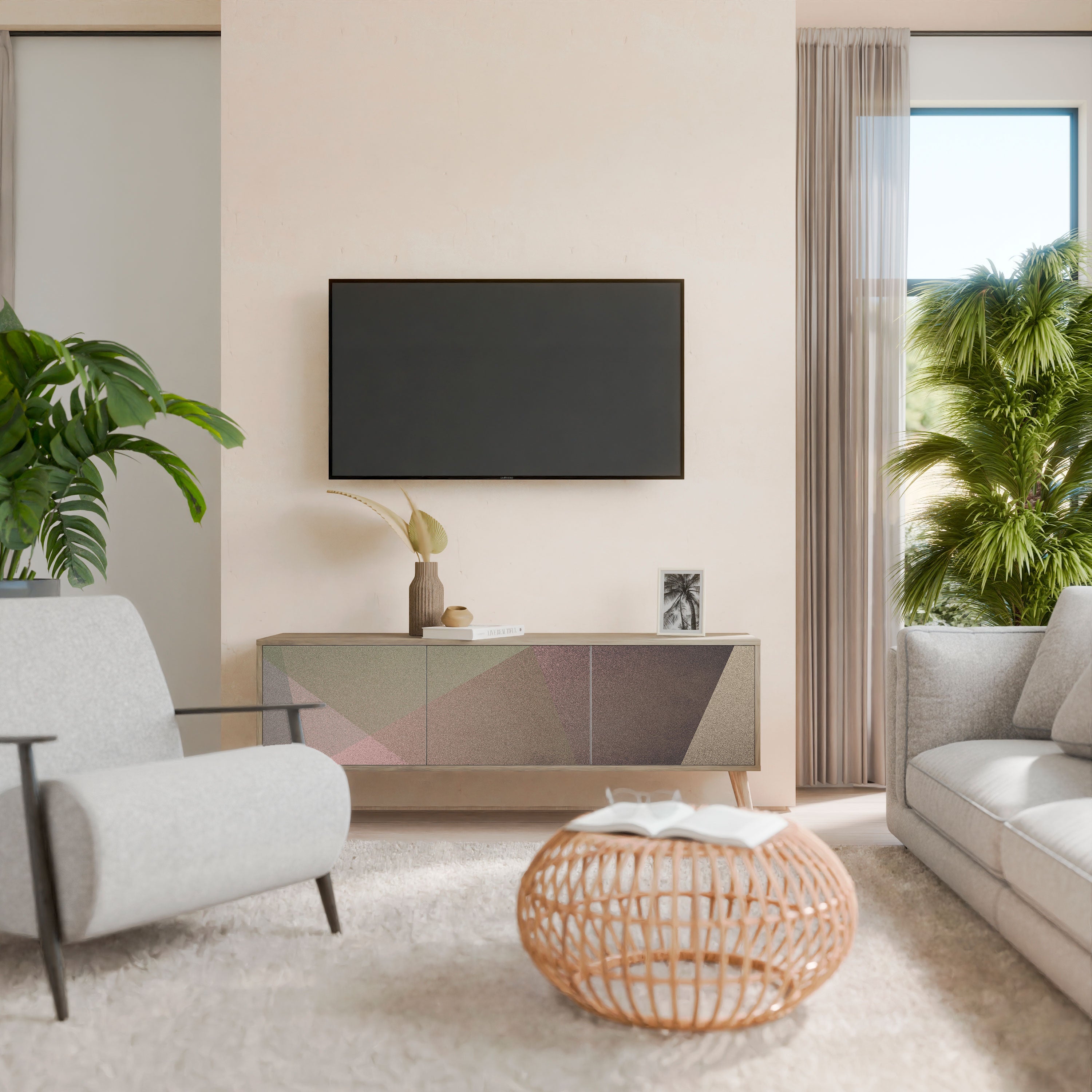 BEIGE GEOMETRY TV-Lowboard mit 3 Türen in Eiche-Optik