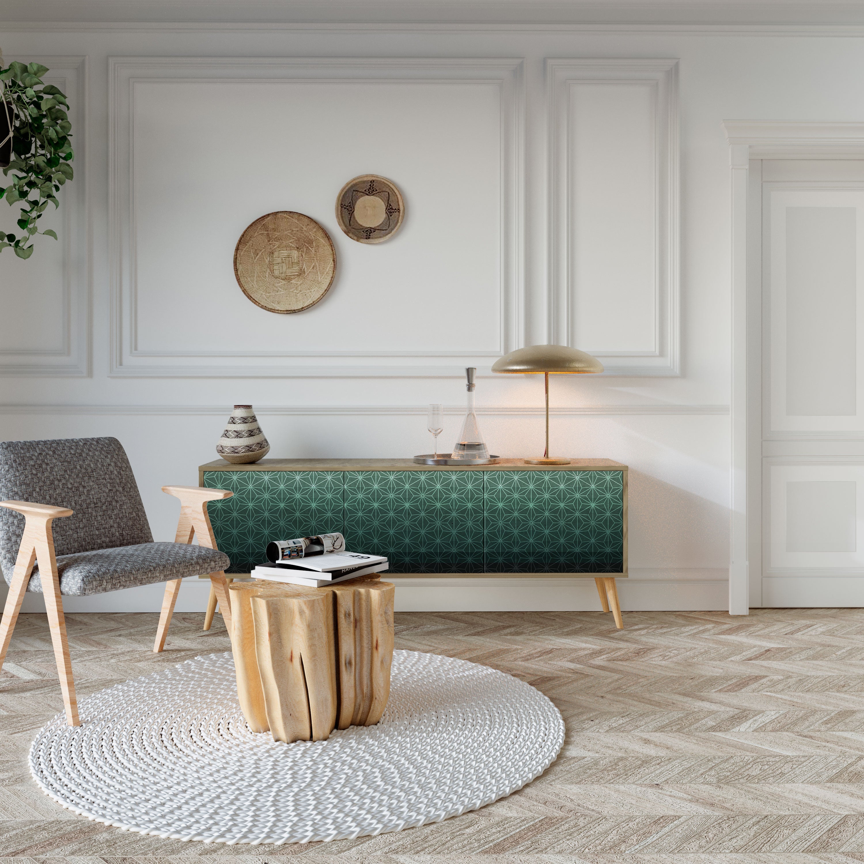 ORNAMENTAL GLIMMER TV-Lowboard mit 3 Türen in Eiche-Optik