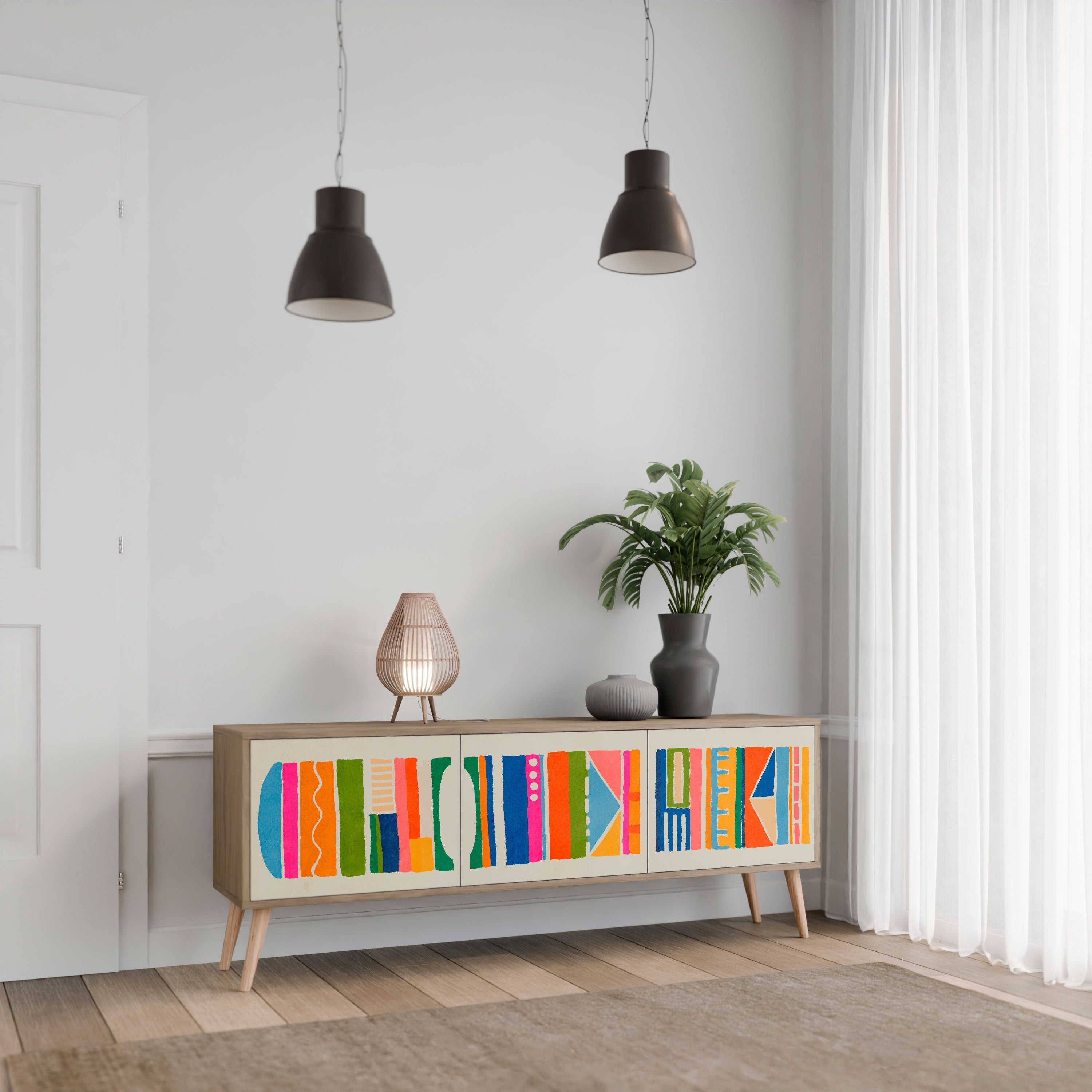 GEOMETRIC SHINE TV-Lowboard mit 3 Türen in Eiche-Optik