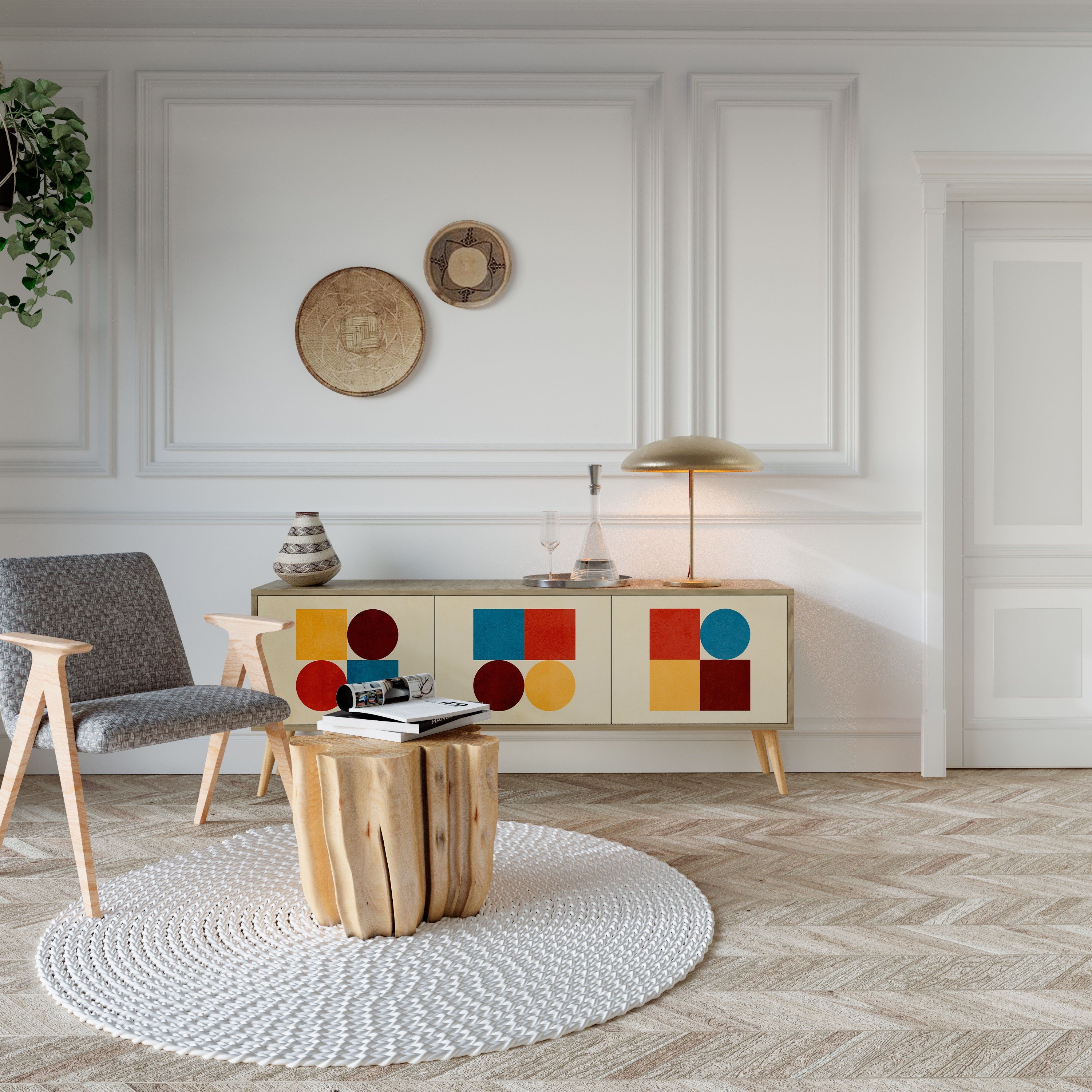 GEOMETRIC PUZZLE TV-Lowboard mit 3 Türen in Eiche-Optik