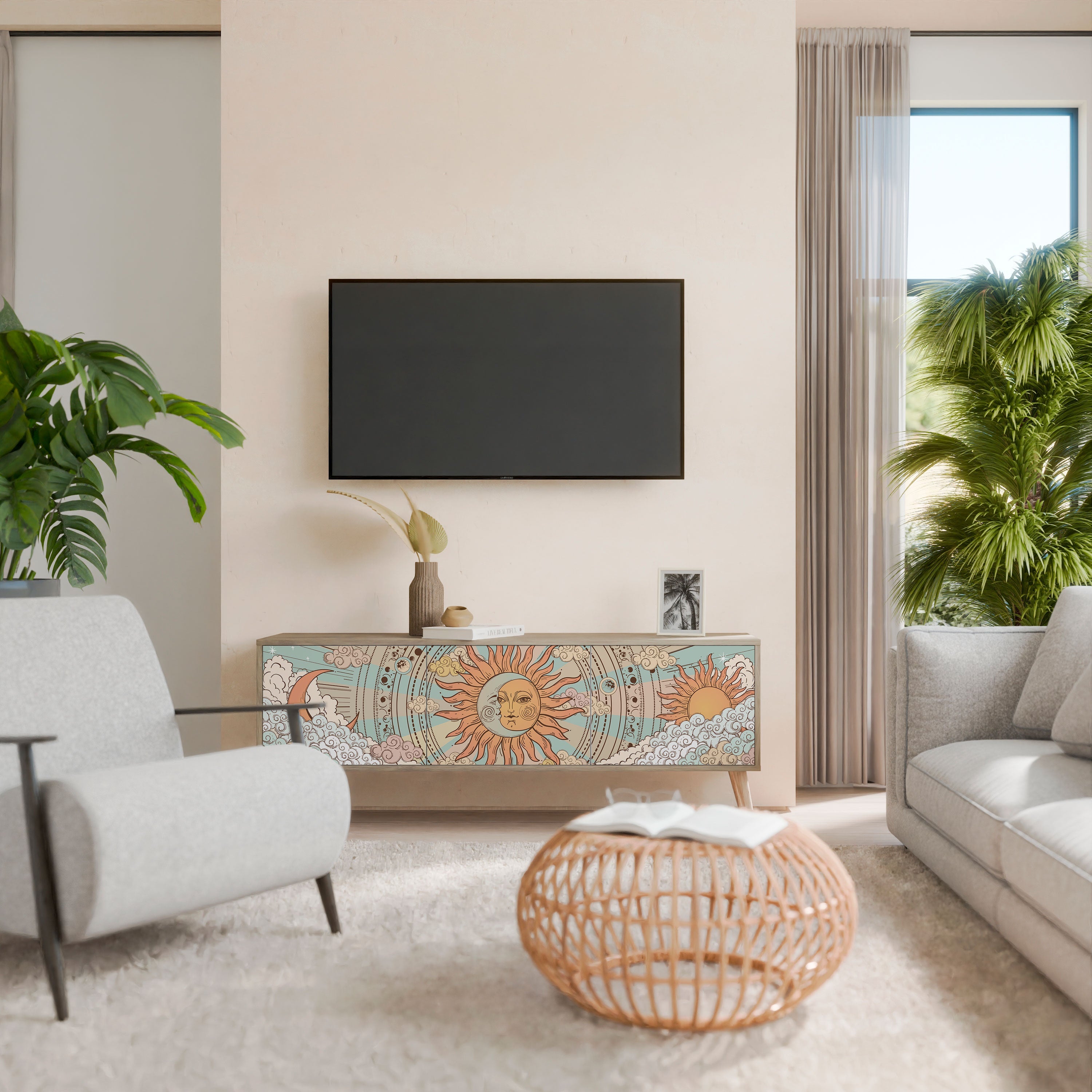 MYSTICAL STRUCTURE TV-Lowboard mit 3 Türen in Eiche-Optik