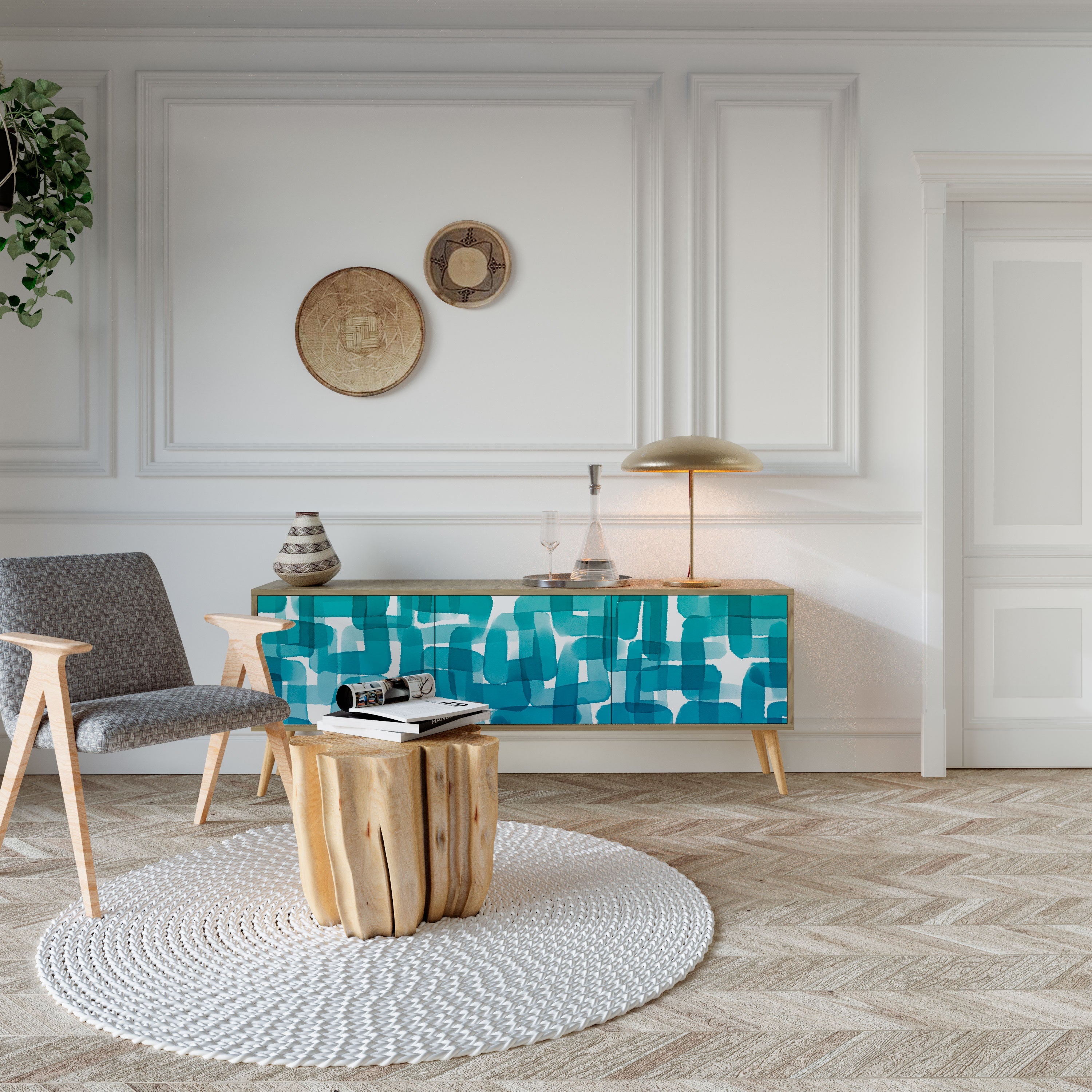 TURQUOISE RECTANGLES TV-Lowboard mit 3 Türen in Eiche-Optik
