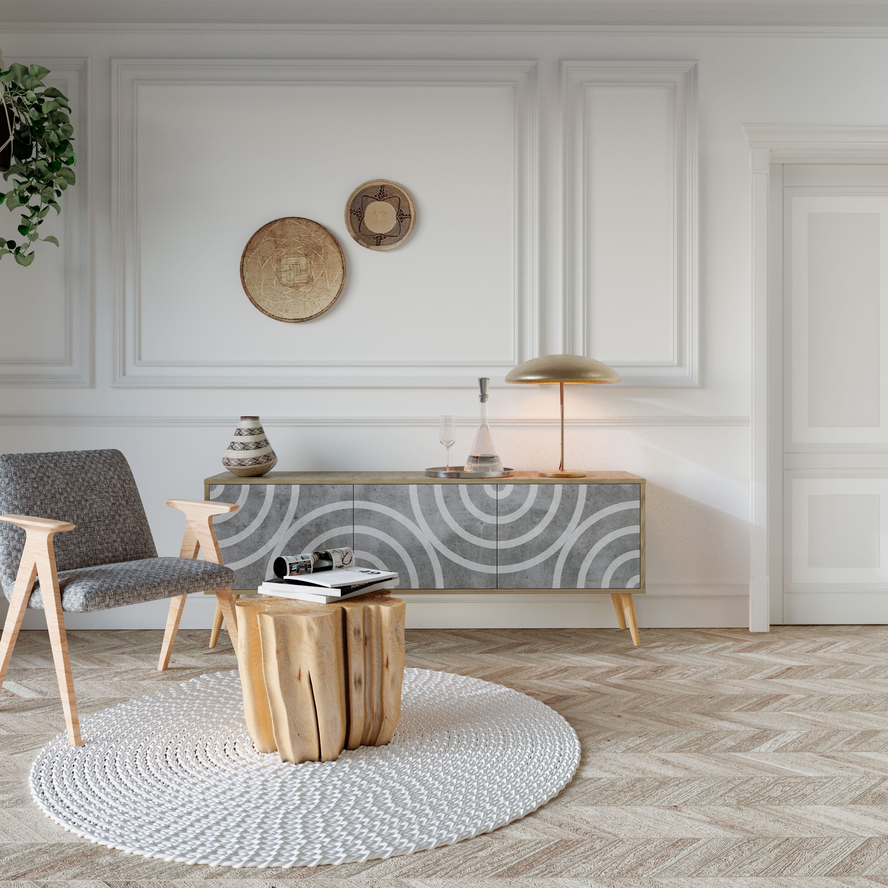 CIRCLE CONCRETE TV-Lowboard mit 3 Türen in Eiche-Optik