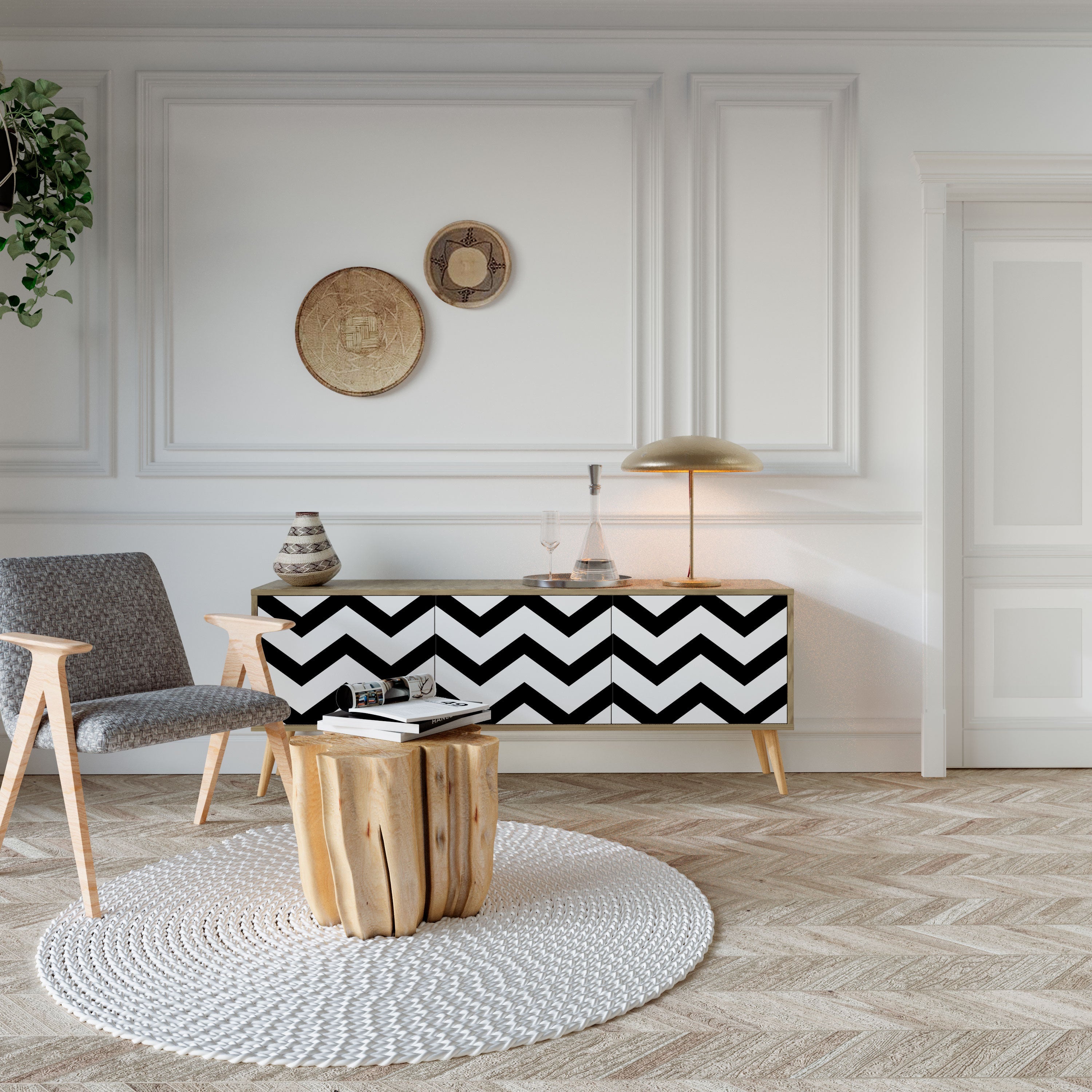 CLASSIC ZIG ZAG TV-Lowboard mit 3 Türen in Eiche-Optik