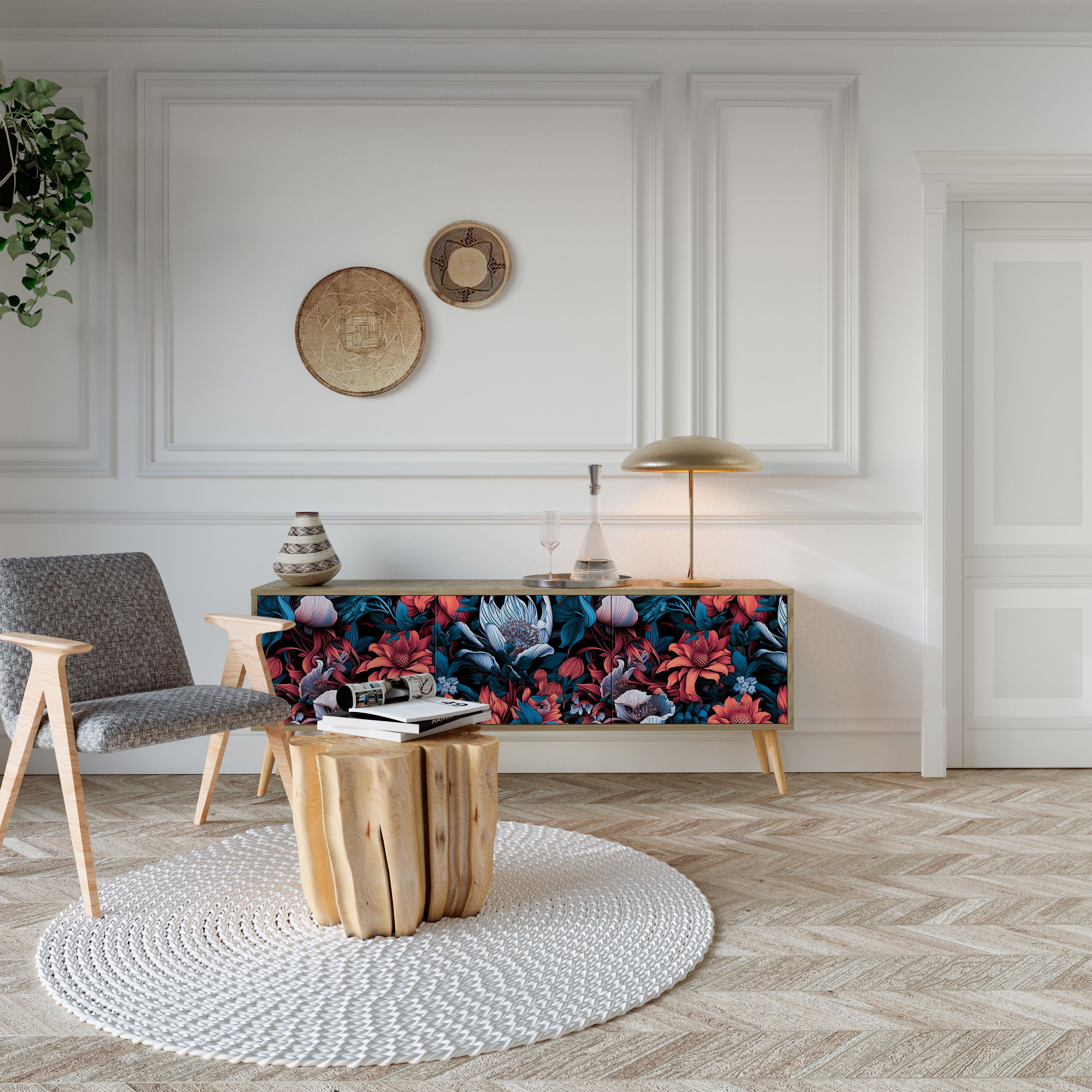 ETHEREAL BLOSSOMS TV-Lowboard mit 3 Türen in Eiche-Optik