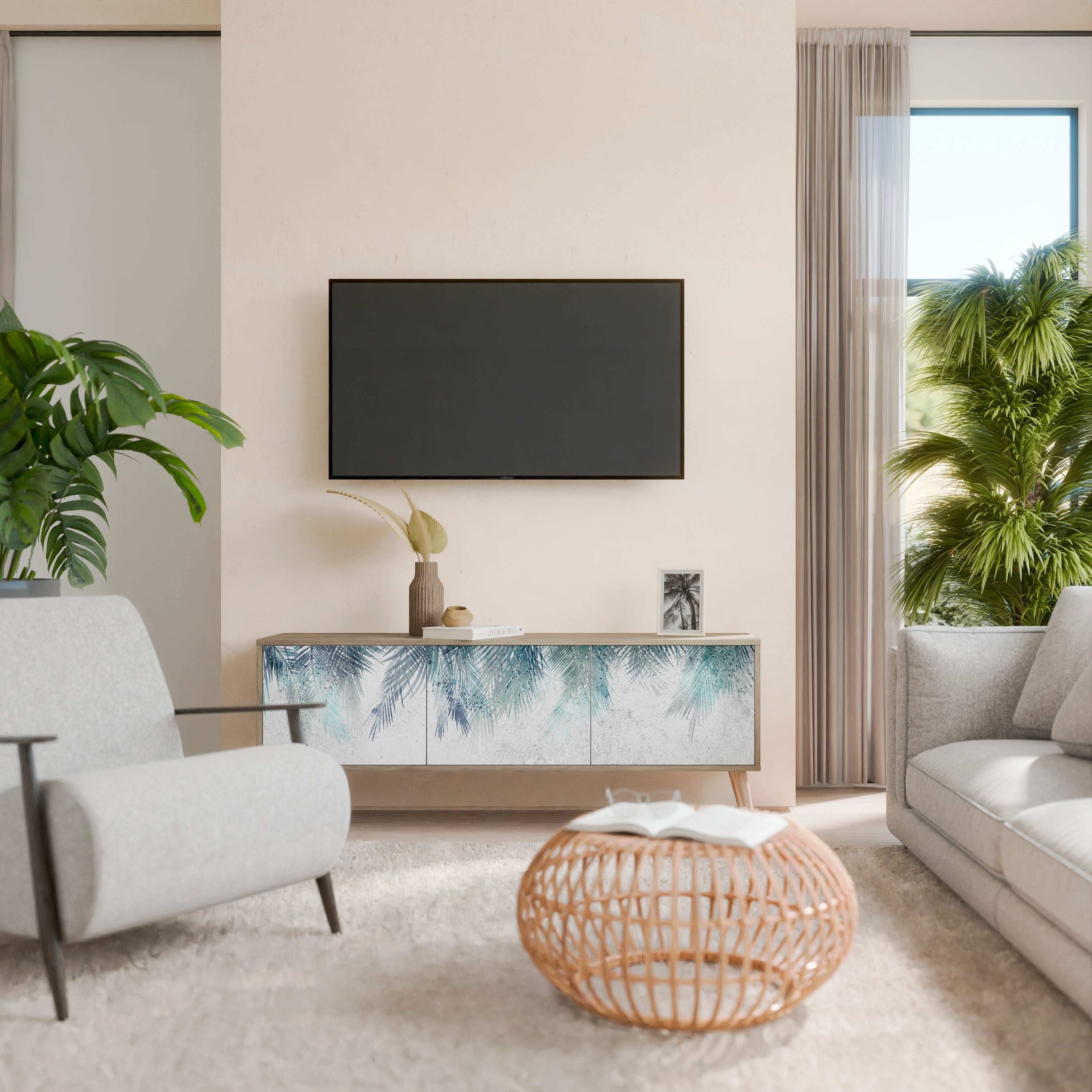 PALM VEIL 3-türiger TV-Ständer in Eichenoptik