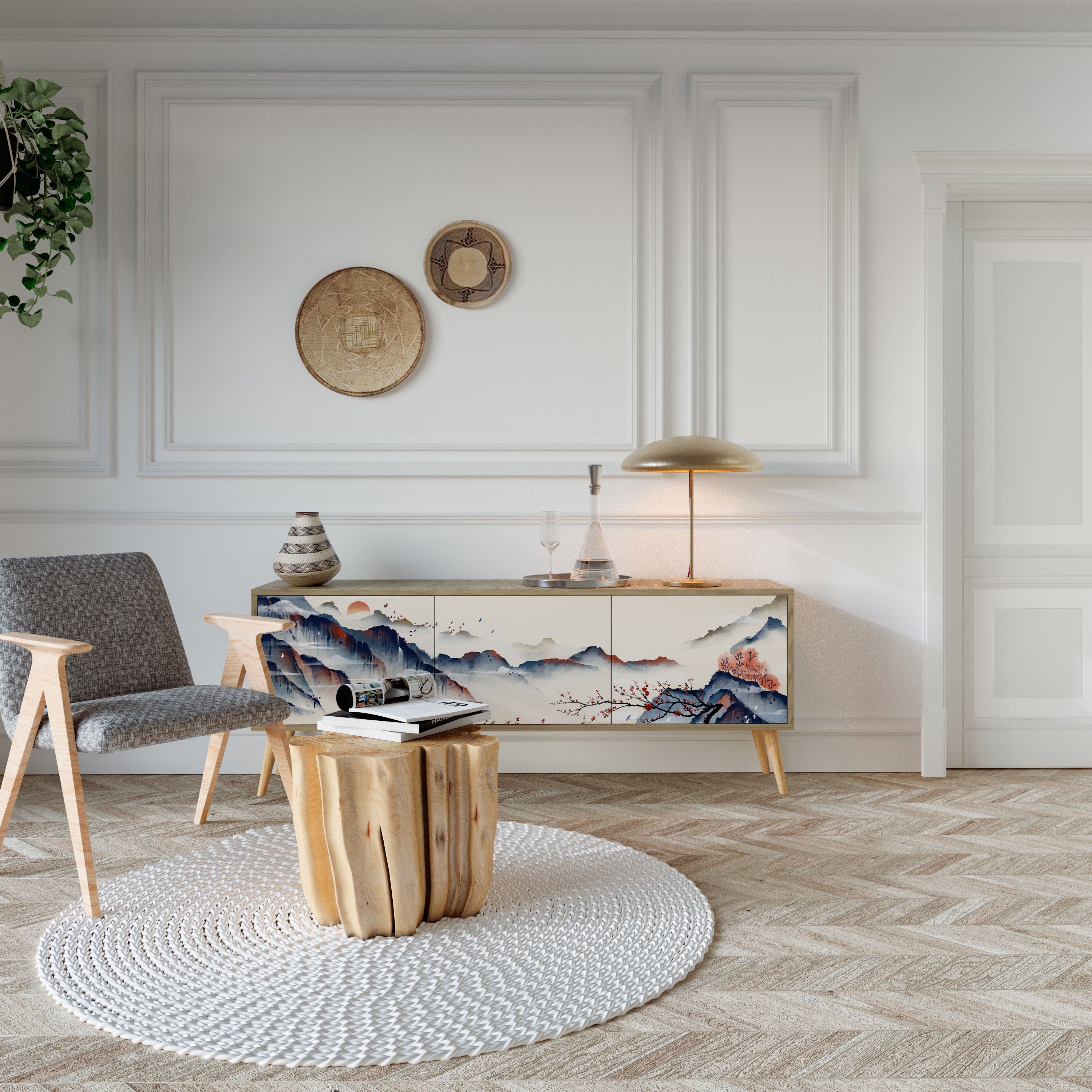 JAPANESE LANDSCAPE TV-Lowboard mit 3 Türen in Eiche-Optik