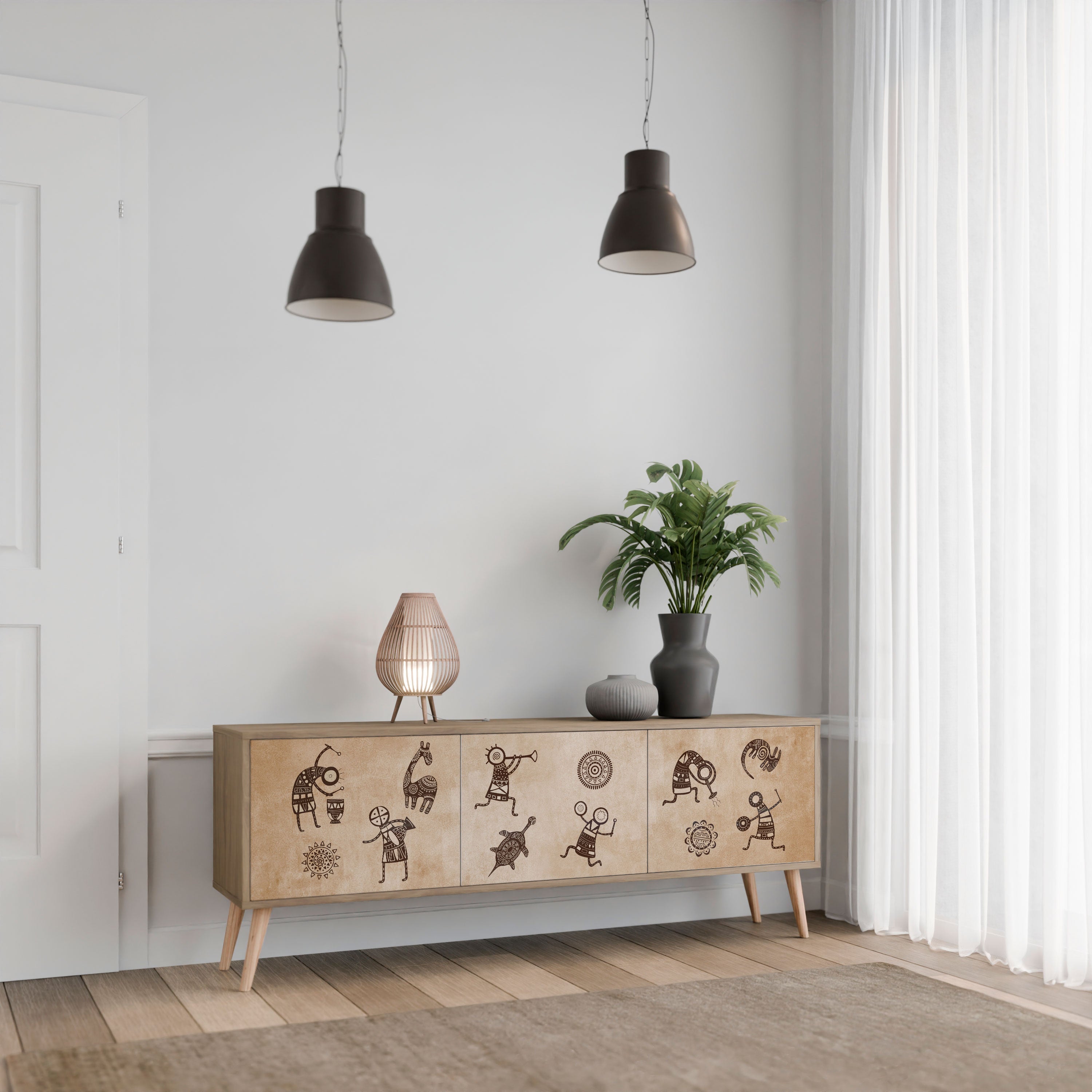 AFRICAN STYLE 3-Door TV Stand in Oak Effect