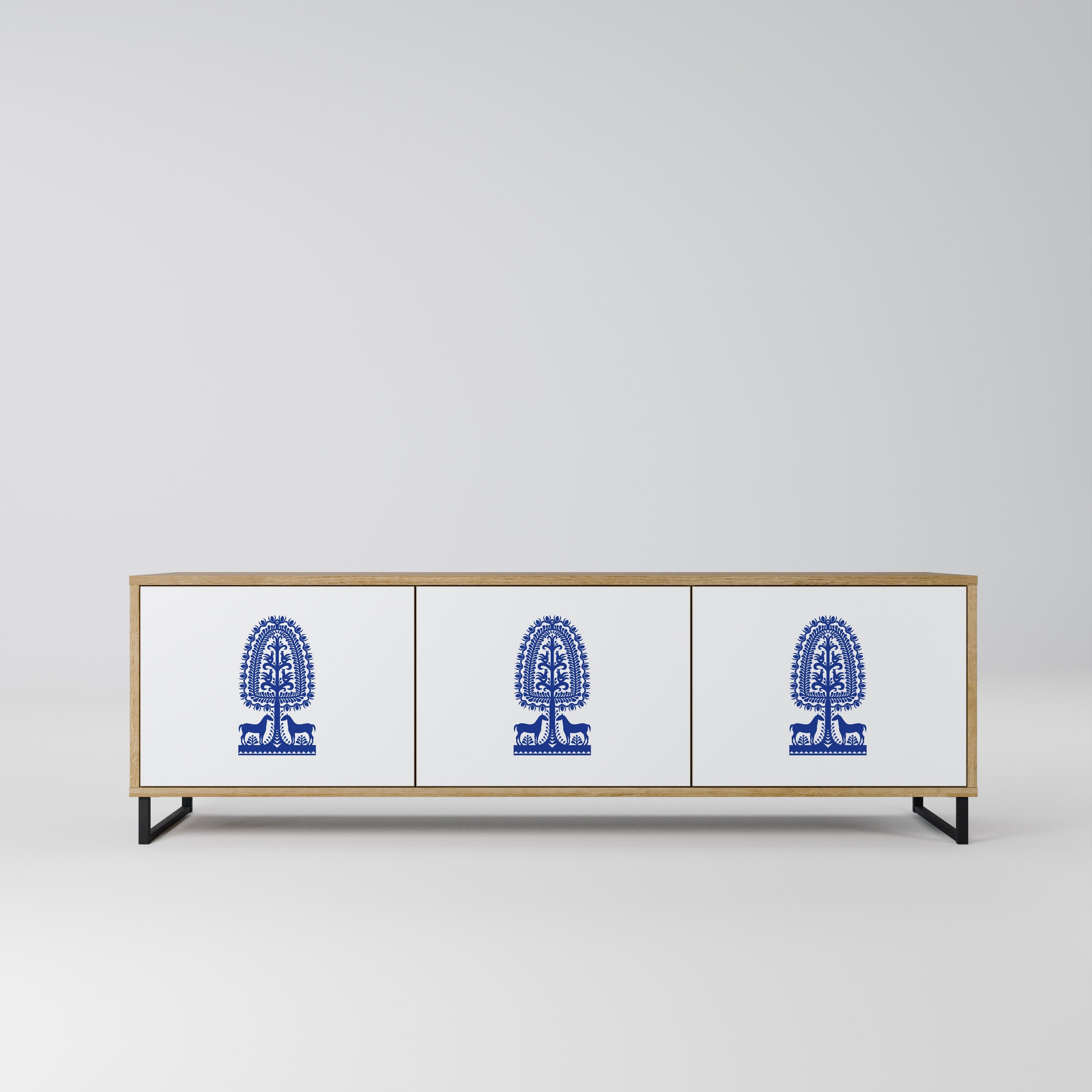 POLISH FOLK ART TV-Lowboard mit 3 Türen in Eiche-Optik