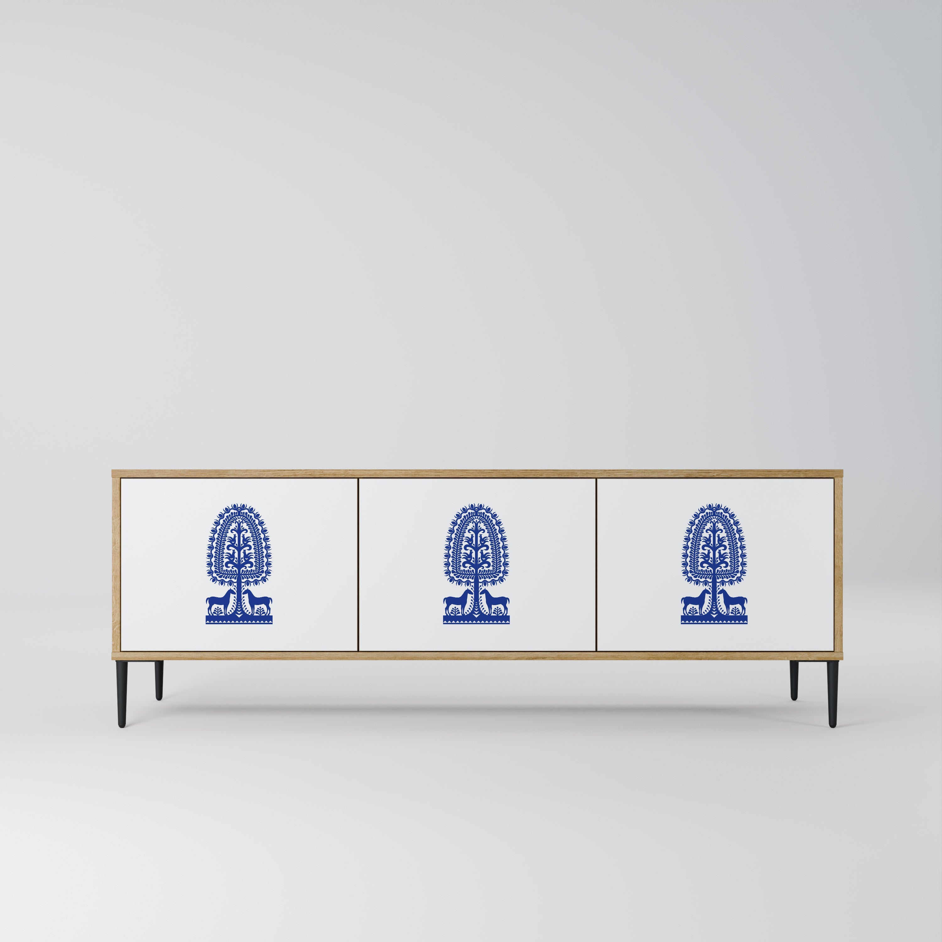 POLISH FOLK ART TV-Lowboard mit 3 Türen in Eiche-Optik