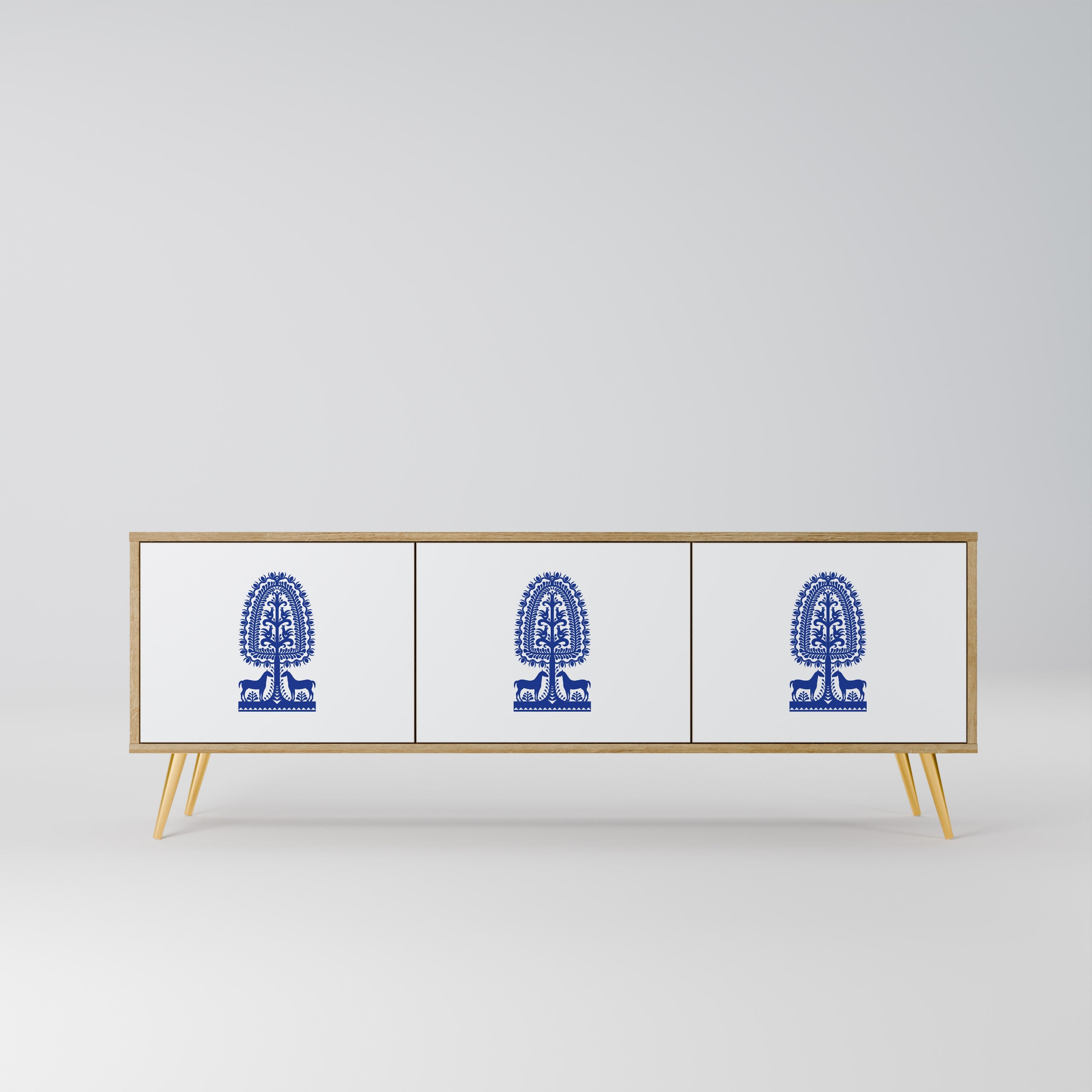 POLISH FOLK ART TV-Lowboard mit 3 Türen in Eiche-Optik