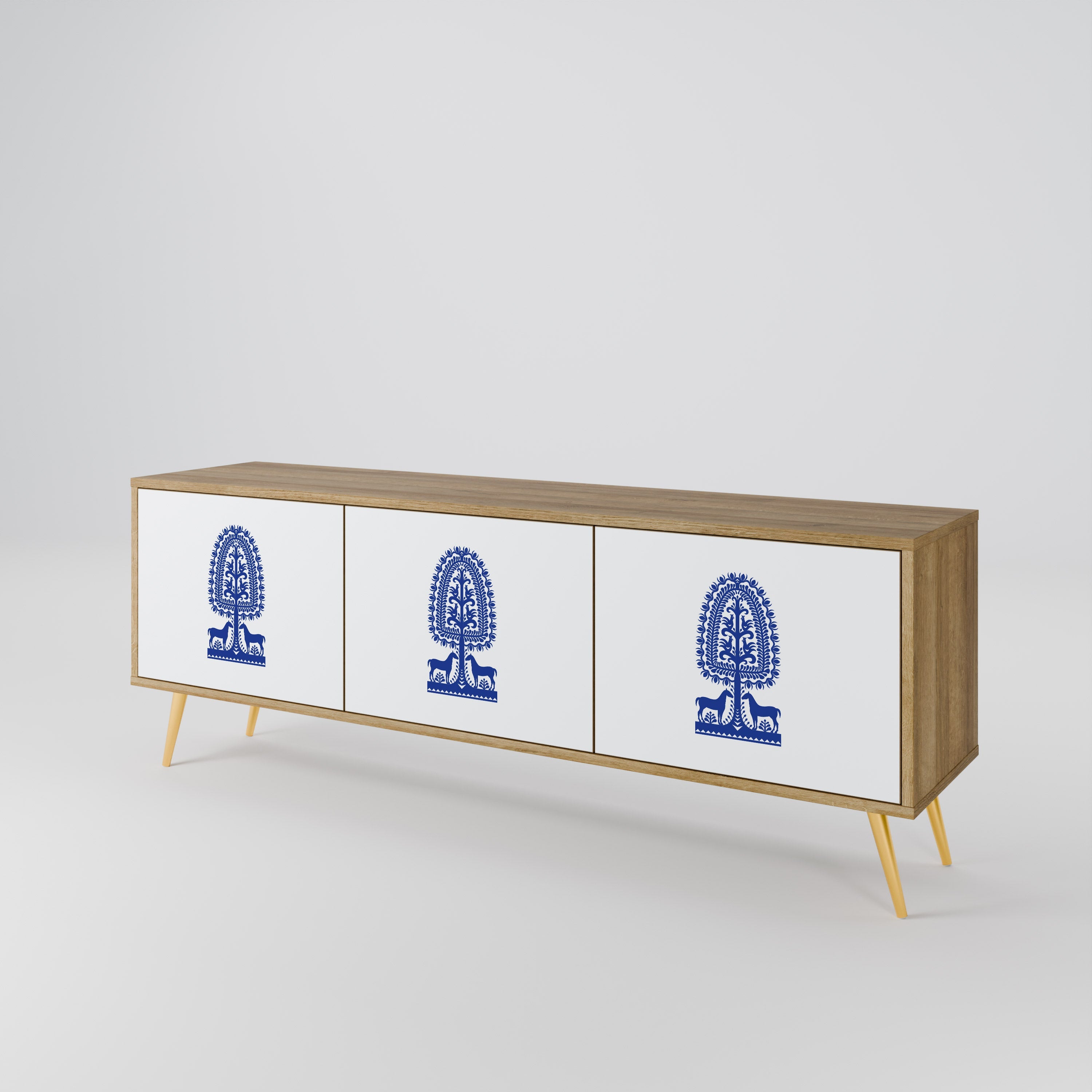 POLISH FOLK ART TV-Lowboard mit 3 Türen in Eiche-Optik