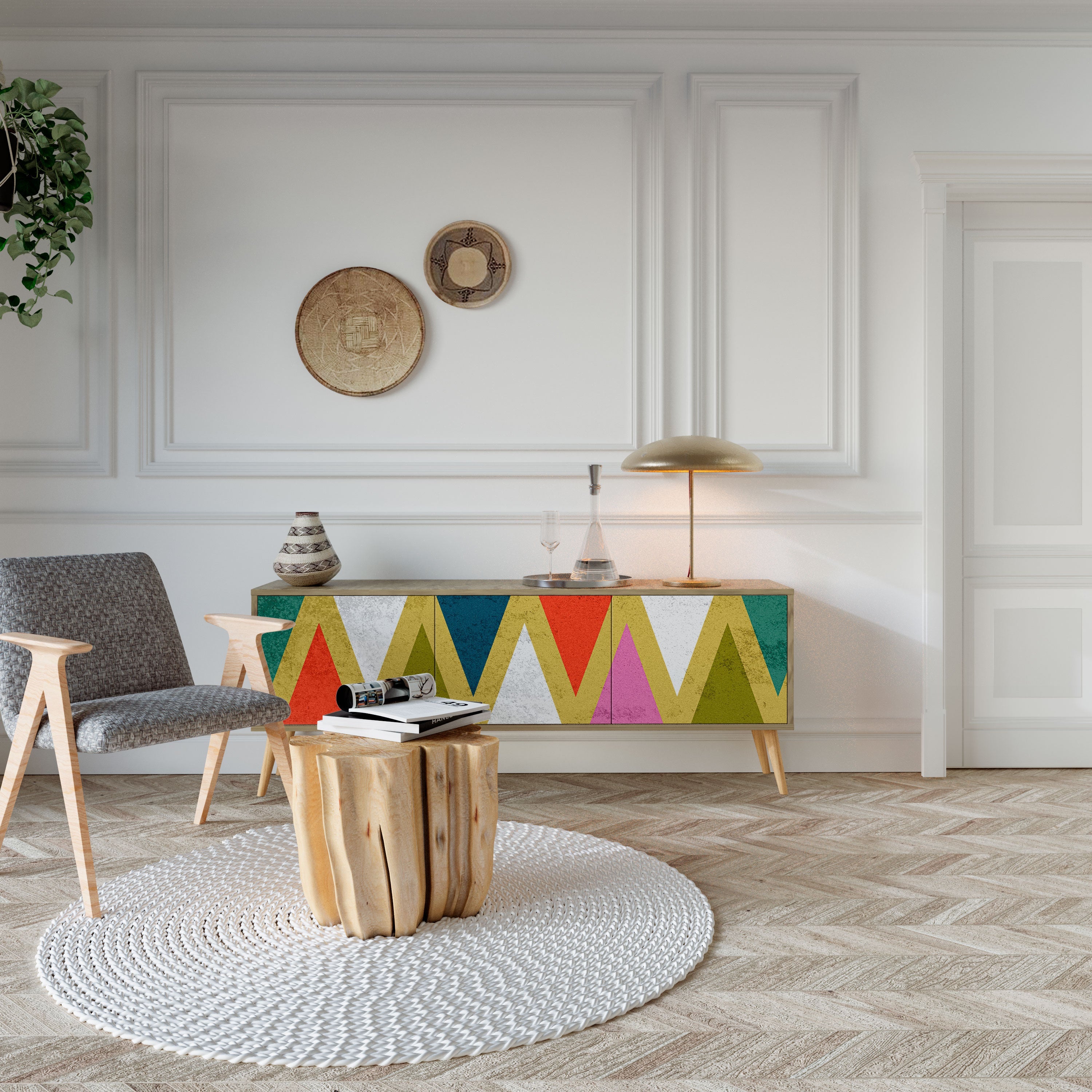 COLORFUL TRIANGLES TV-Lowboard mit 3 Türen in Eiche-Optik