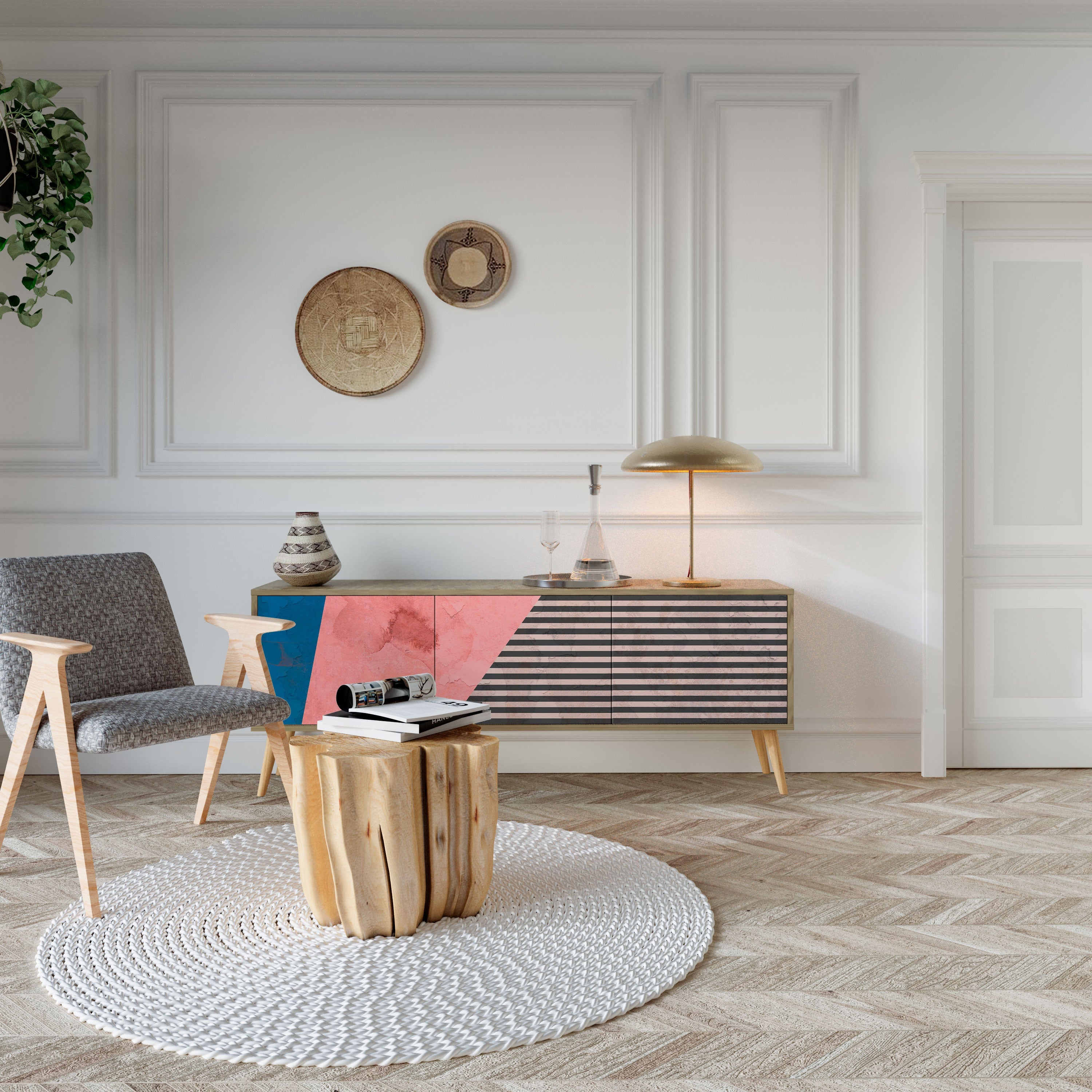 GLAMOROUS STRIPE TV-Lowboard mit 3 Türen in Eiche-Optik