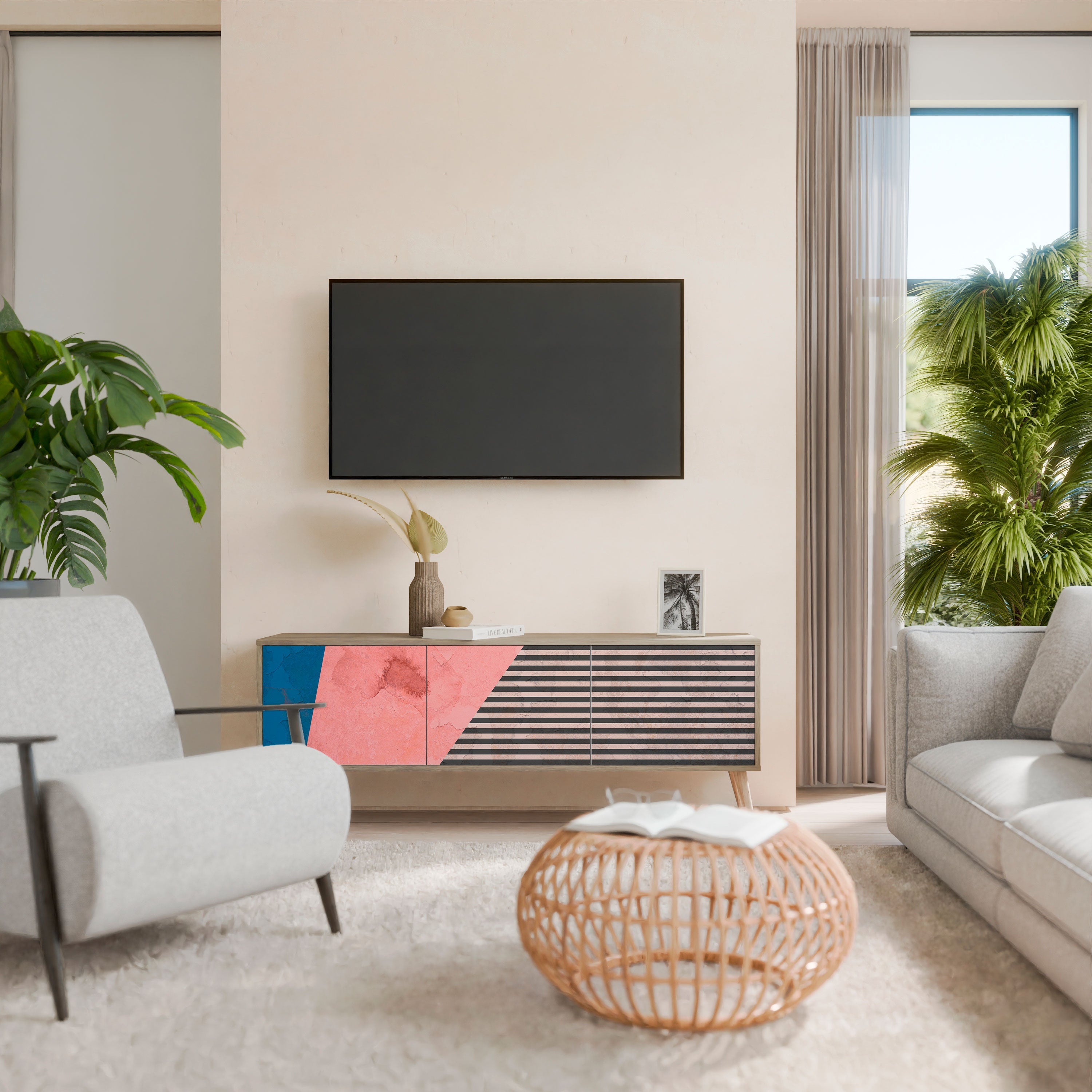 GLAMOROUS STRIPE TV-Lowboard mit 3 Türen in Eiche-Optik