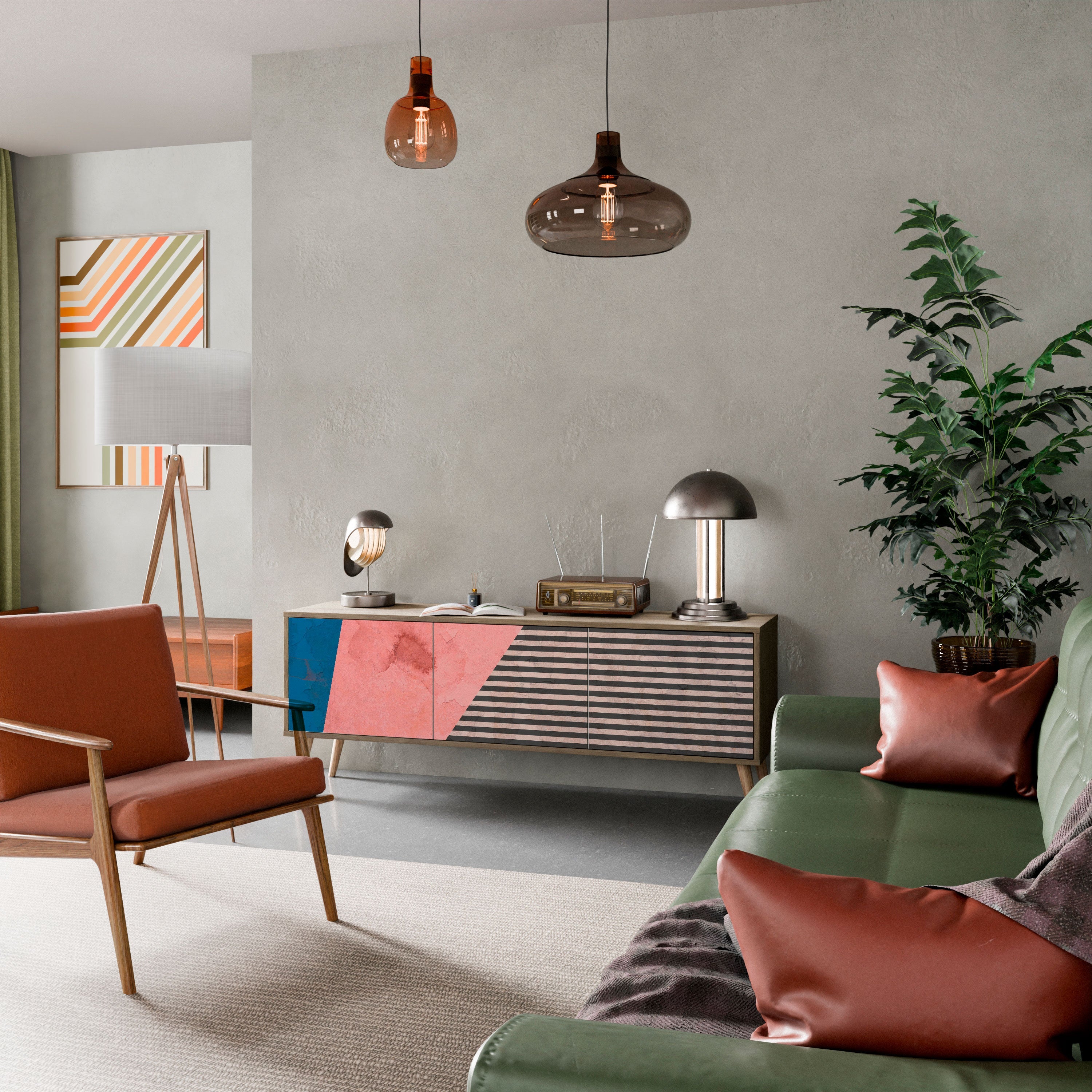 GLAMOROUS STRIPE TV-Lowboard mit 3 Türen in Eiche-Optik