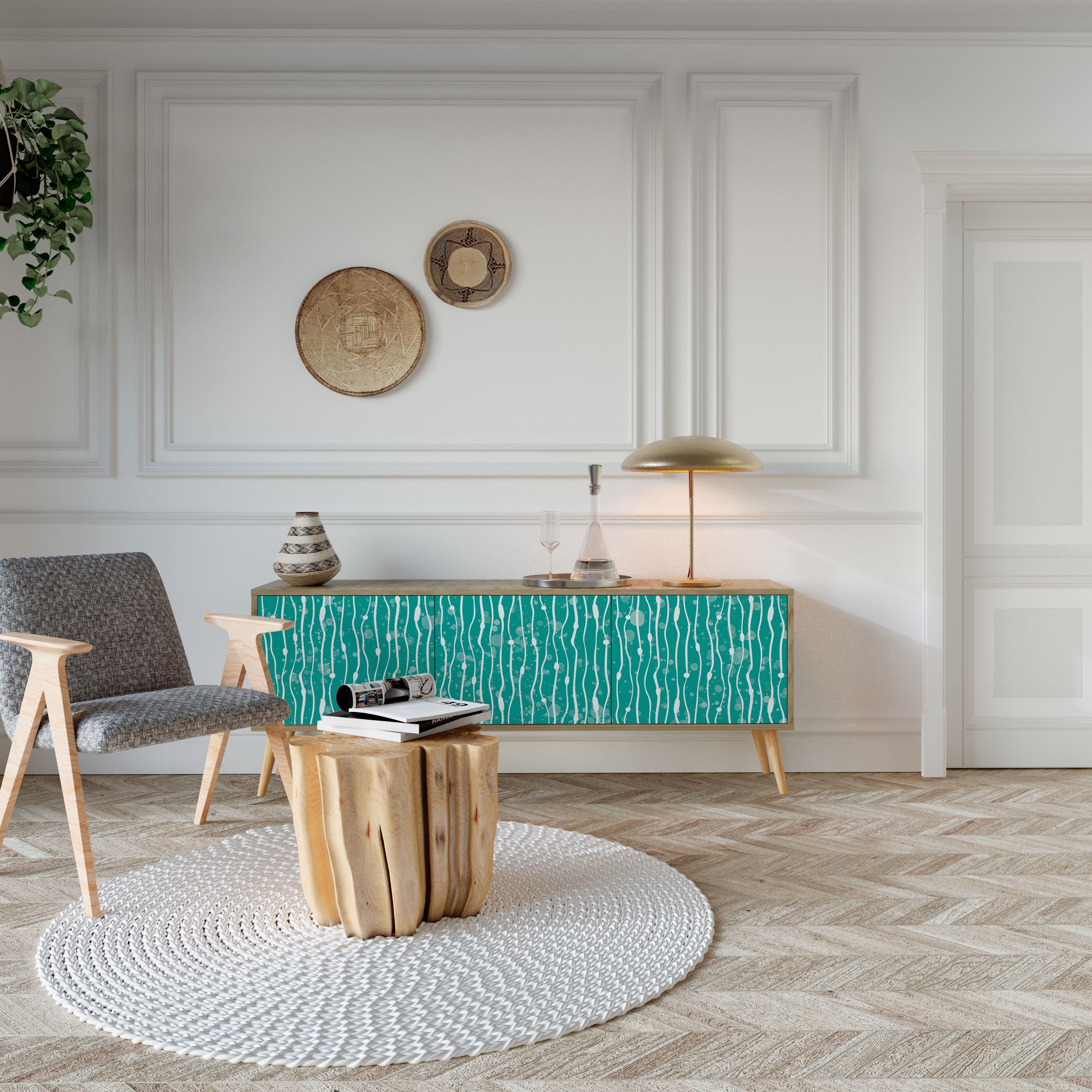 TURQUOISE RAIN TV-Lowboard mit 3 Türen in Eiche-Optik