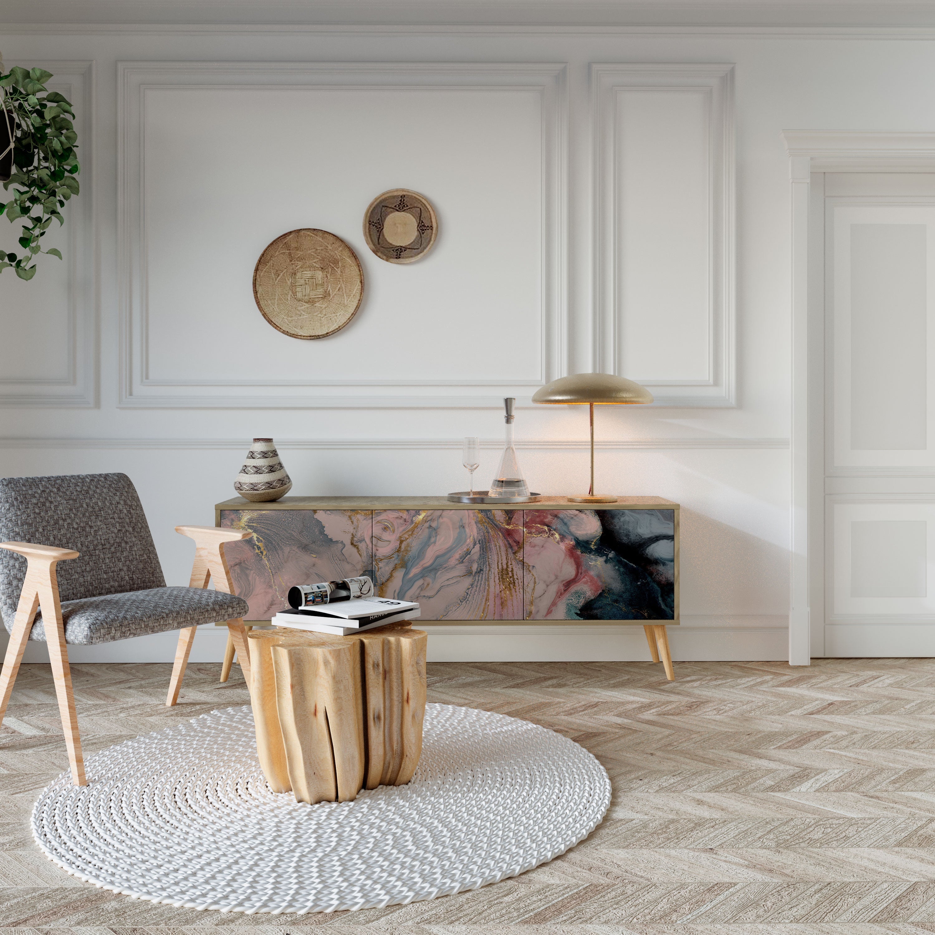 GILDED SWIRLS TV-Lowboard mit 3 Türen in Eiche-Optik