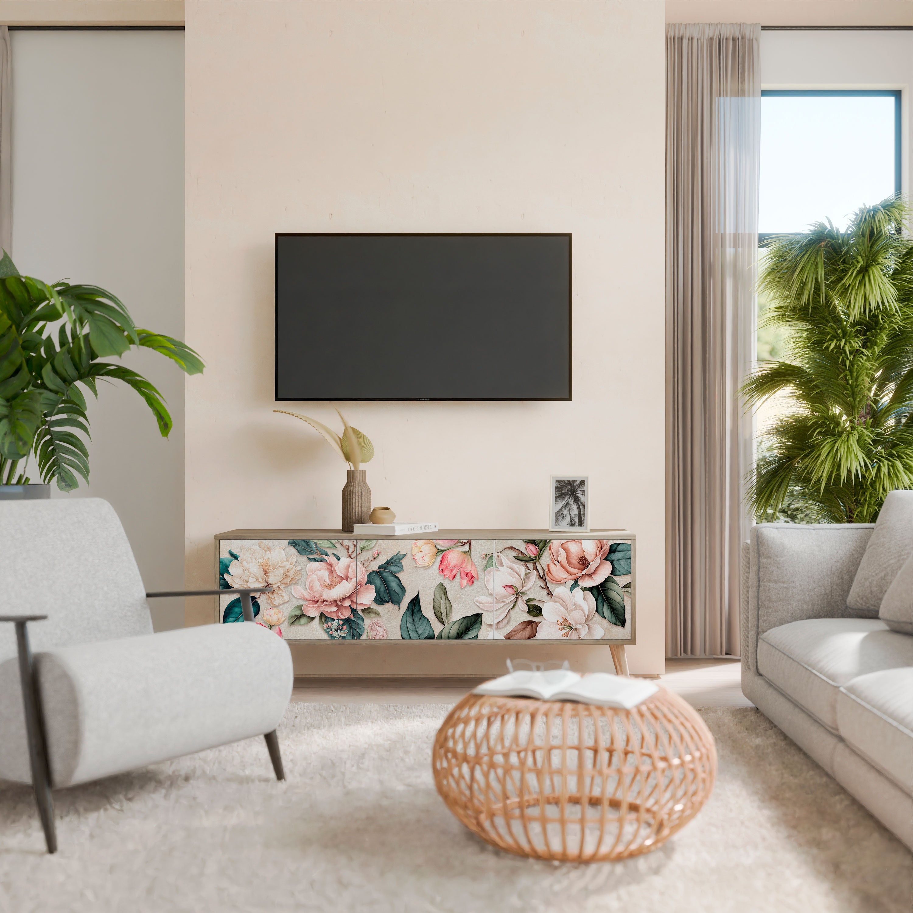 FLORAL GRACE TV-Lowboard mit 3 Türen in Eiche-Optik