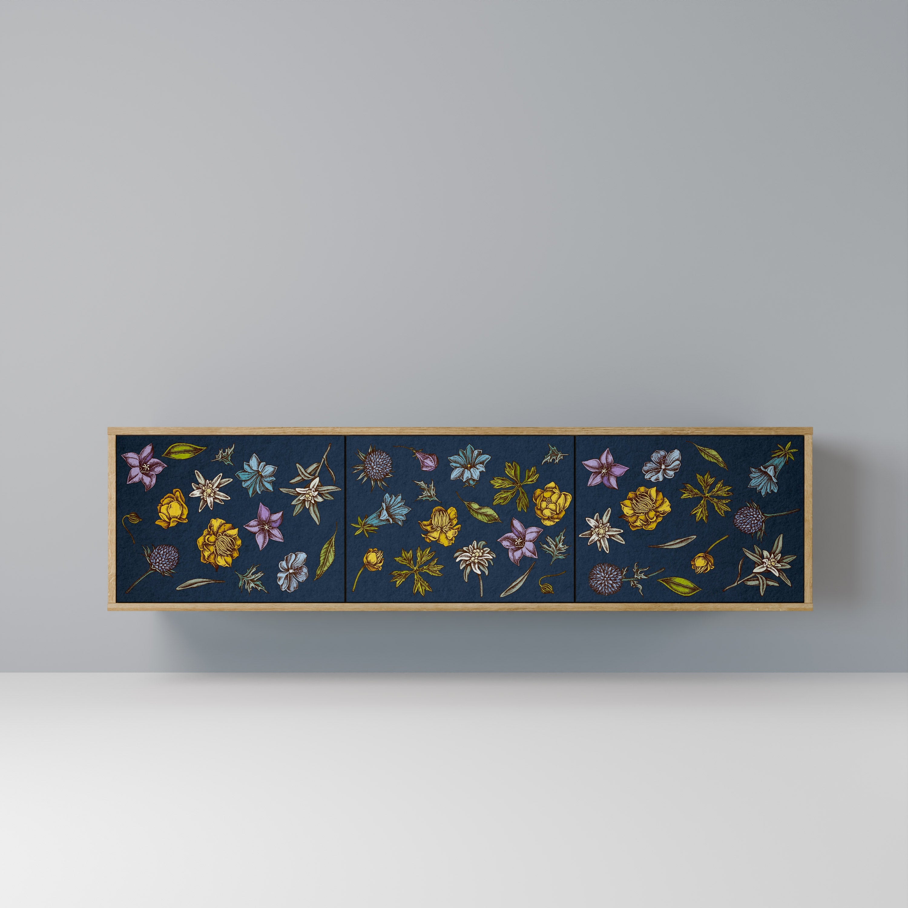 FLOWERS ON NAVY BLUE TV-Lowboard mit 3 Türen in Eiche-Optik