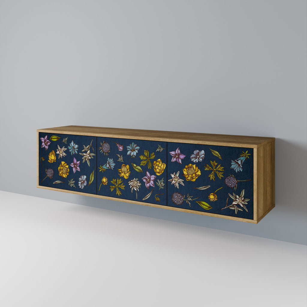 FLOWERS ON NAVY BLUE TV-Lowboard mit 3 Türen in Eiche-Optik