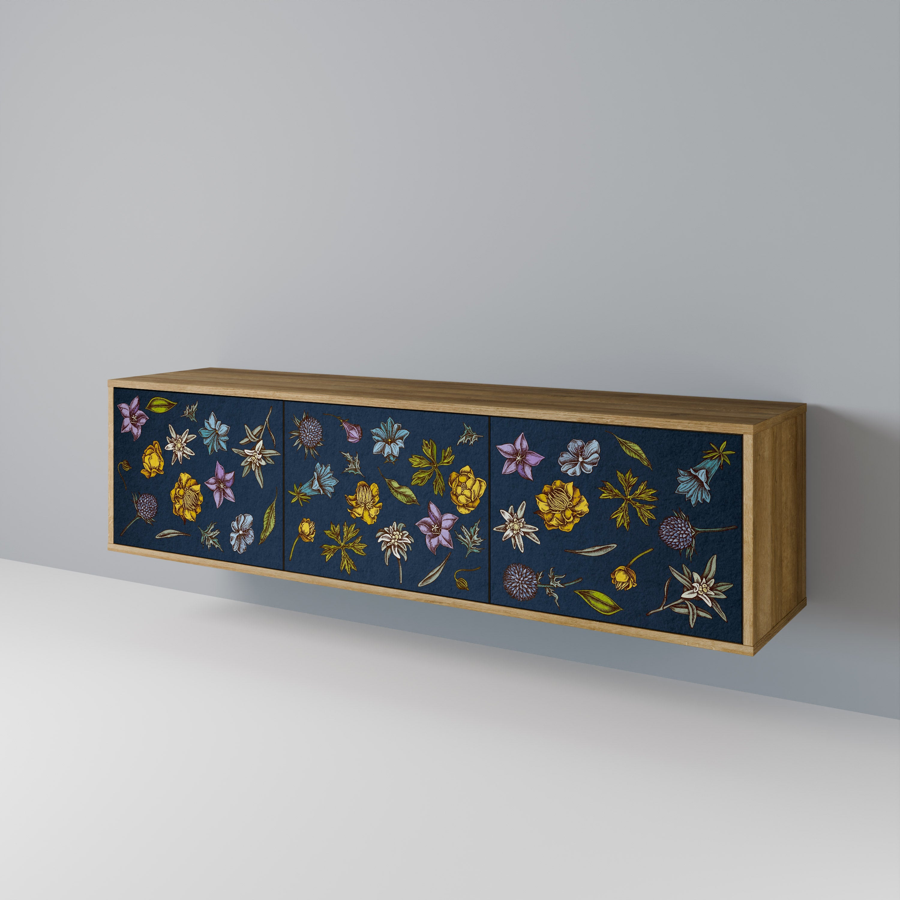 FLOWERS ON NAVY BLUE TV-Lowboard mit 3 Türen in Eiche-Optik