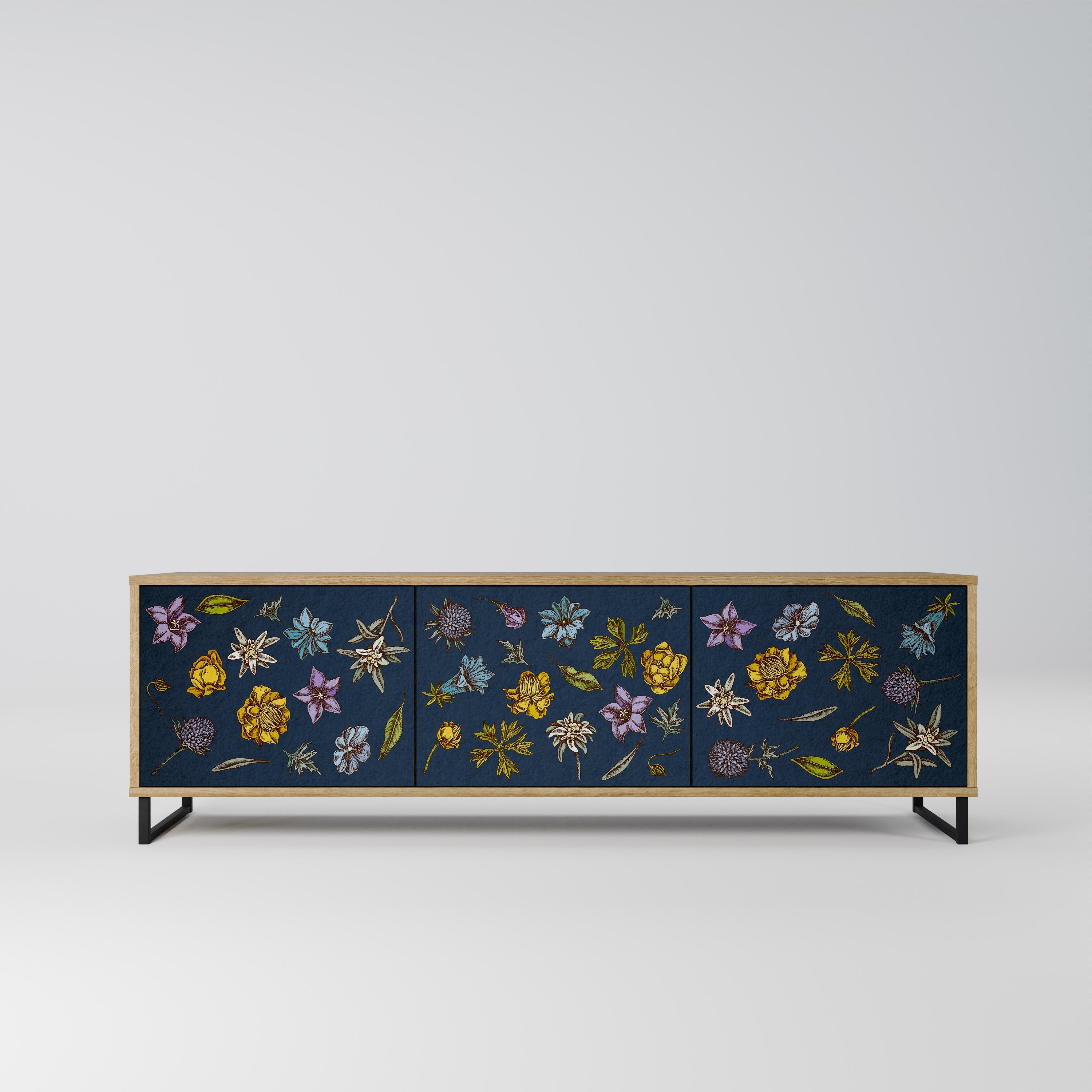 FLOWERS ON NAVY BLUE TV-Lowboard mit 3 Türen in Eiche-Optik