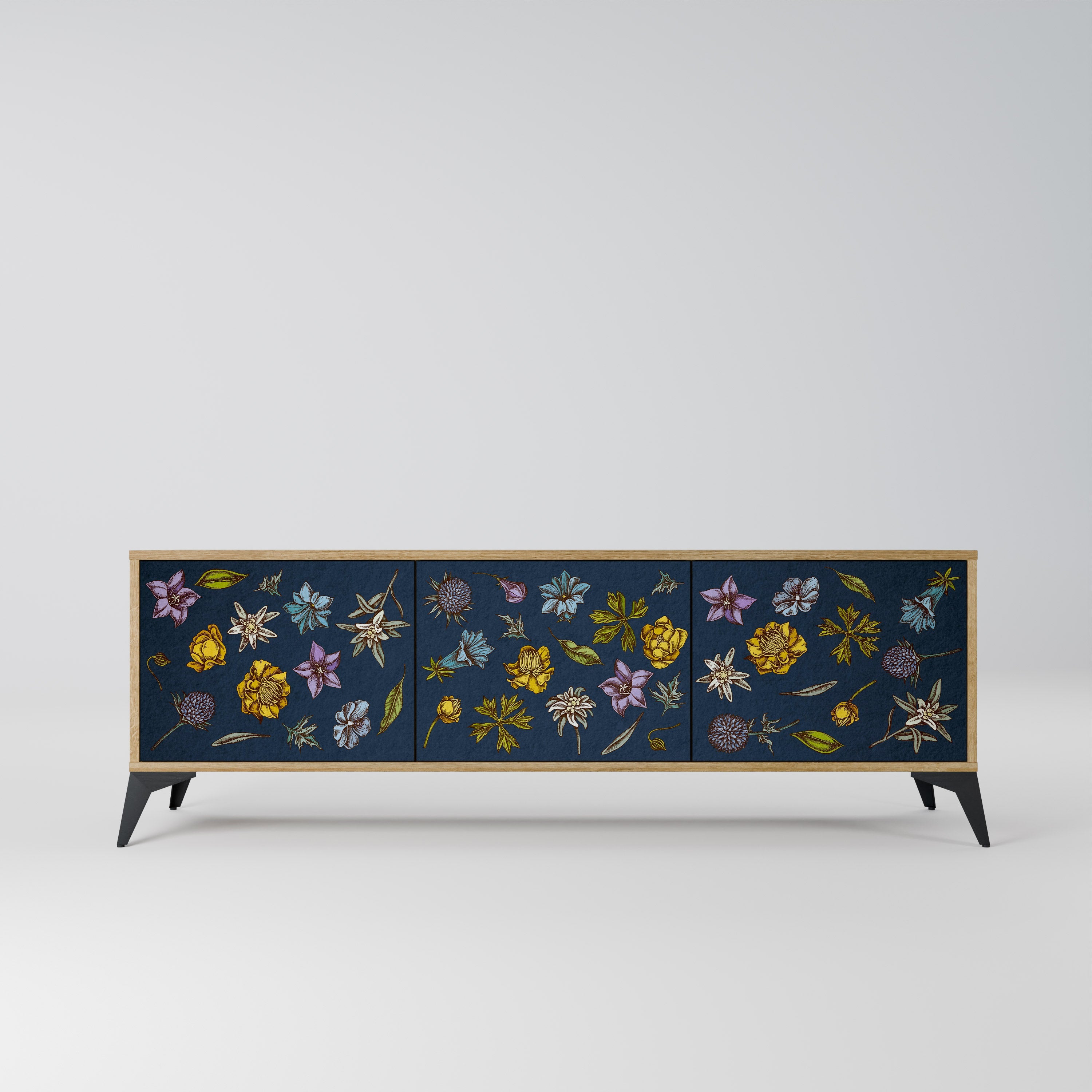 FLOWERS ON NAVY BLUE TV-Lowboard mit 3 Türen in Eiche-Optik