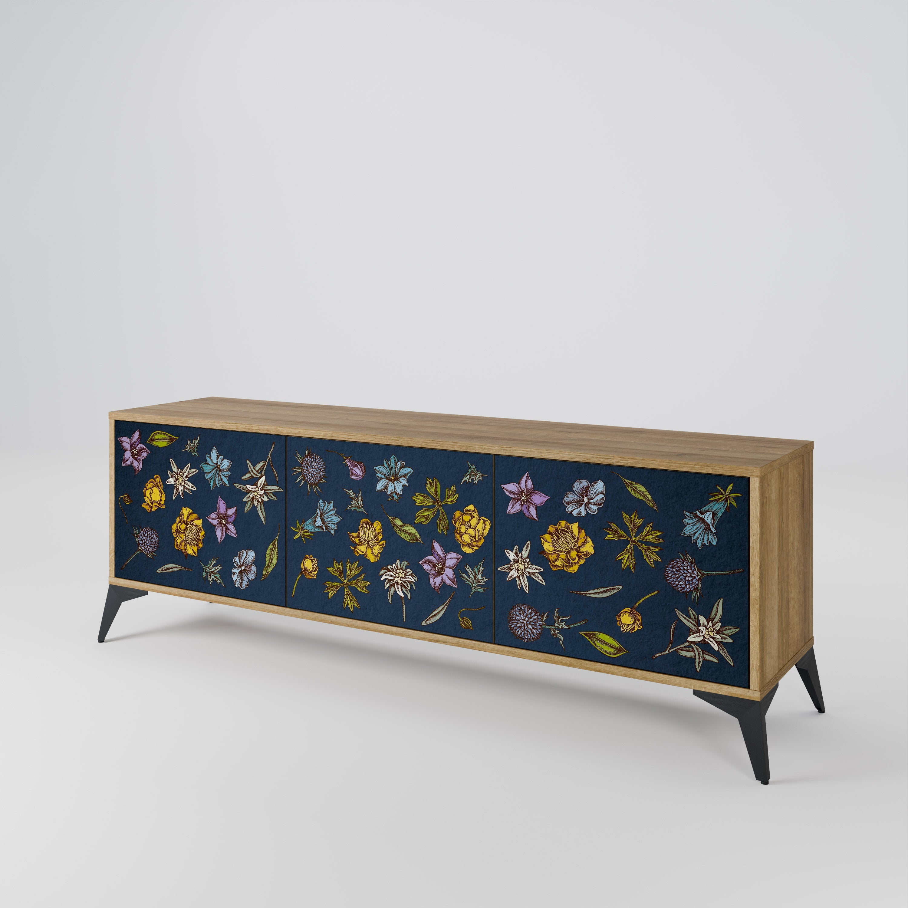 FLOWERS ON NAVY BLUE TV-Lowboard mit 3 Türen in Eiche-Optik