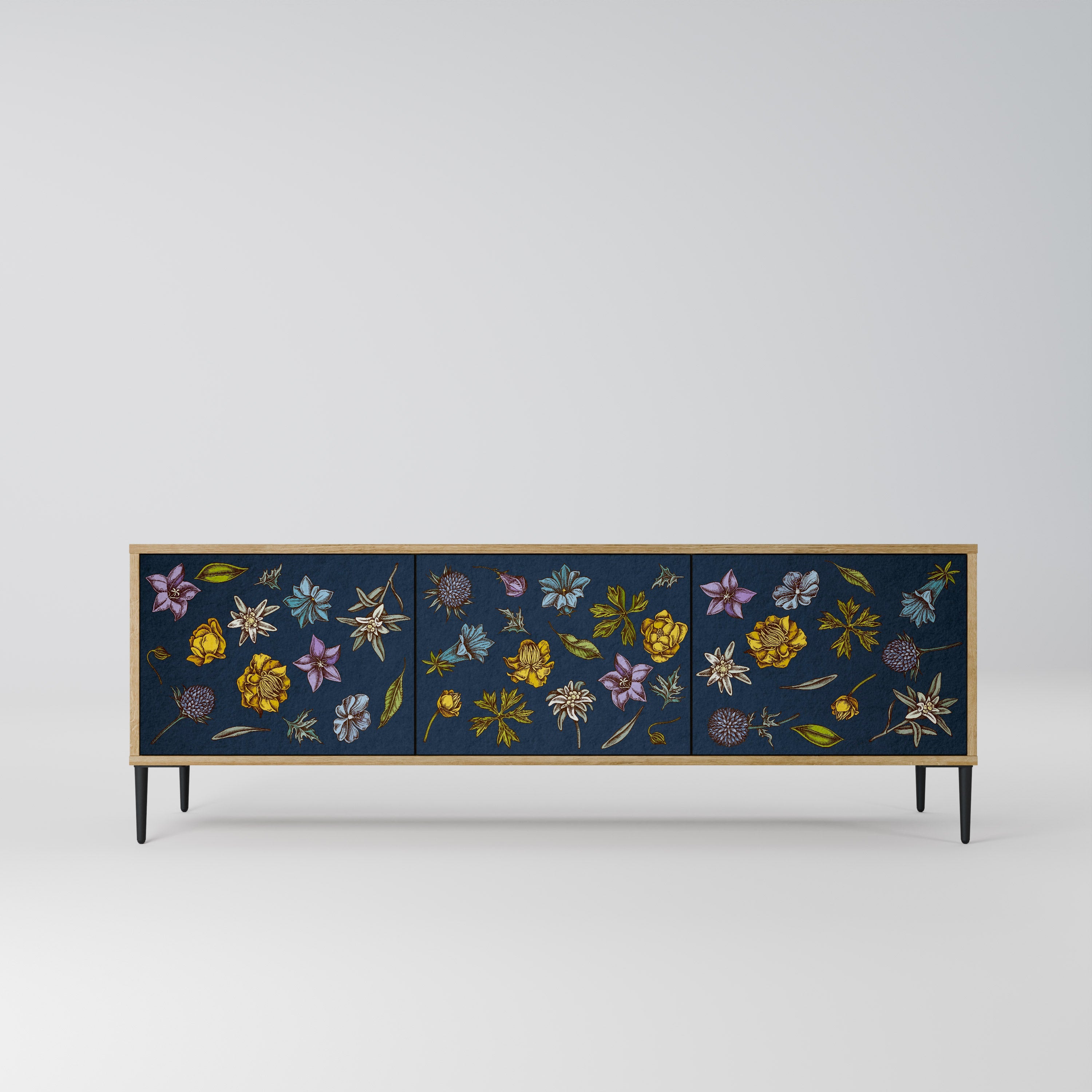 FLOWERS ON NAVY BLUE TV-Lowboard mit 3 Türen in Eiche-Optik