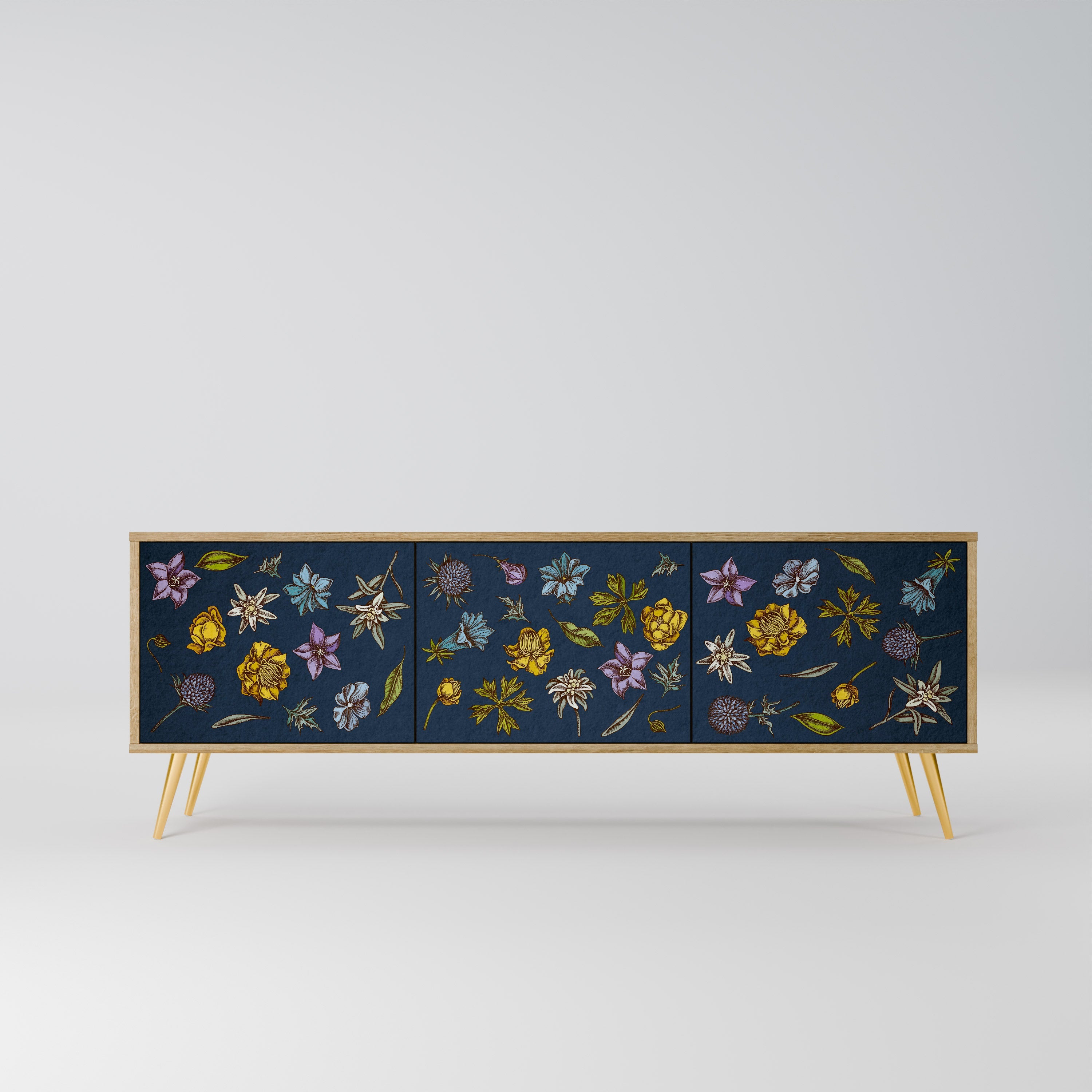 FLOWERS ON NAVY BLUE TV-Lowboard mit 3 Türen in Eiche-Optik